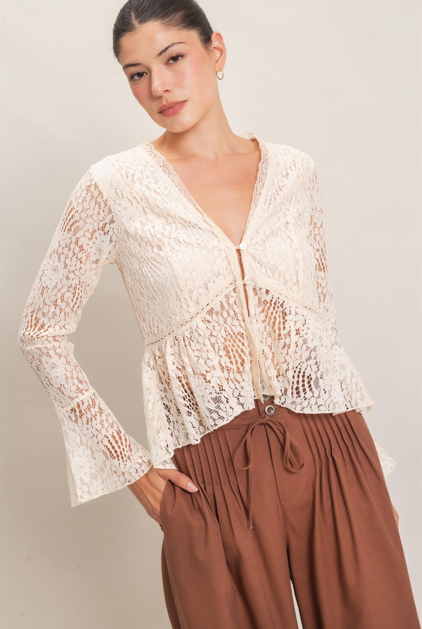 Wholesale Lace V-Neck Peplum Top Clothing Tops HF26E560 CREAM HYFVE