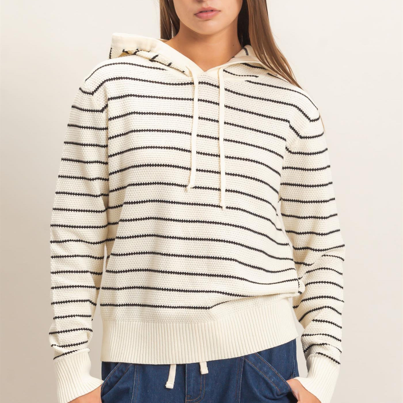 Wholesale Striped Hooded Sweater Hoodies DZ26C972 CREAM DOUBLE ZERO