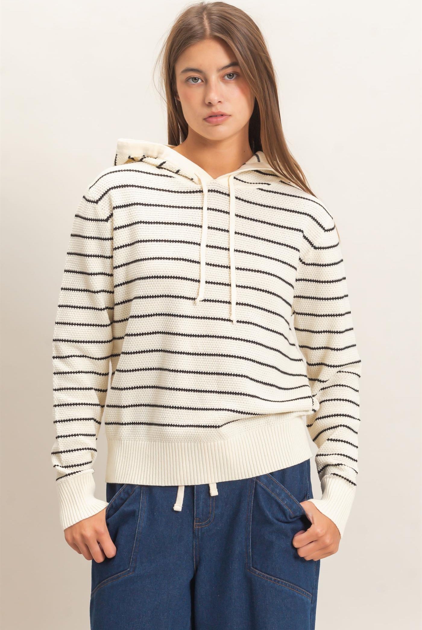 Wholesale Striped Hooded Sweater Hoodies DZ26C972 CREAM DOUBLE ZERO