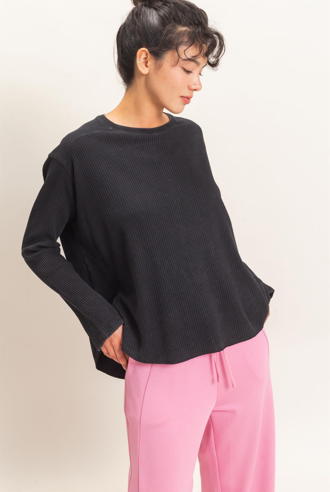 Wholesale Oversized Mineral Washed Waffle Knit Top Clothing Tops DZ26E654 BLACK DOUBLE ZERO