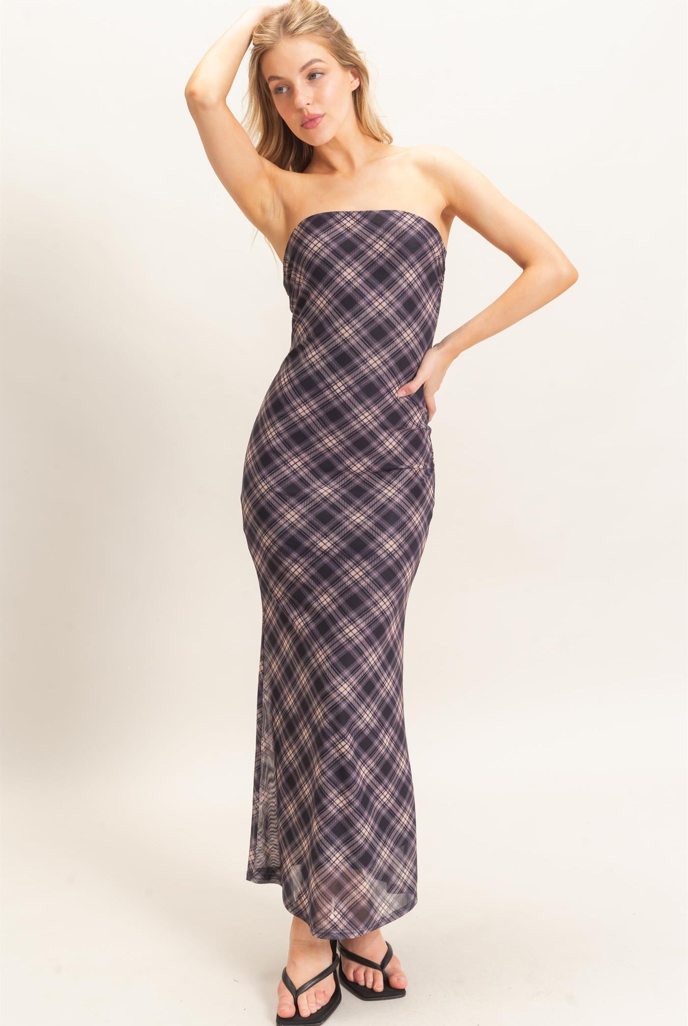 Wholesale Strapless Printed Mesh Maxi Dress Dresses HF26F212 BLACK/PLAID HYFVE