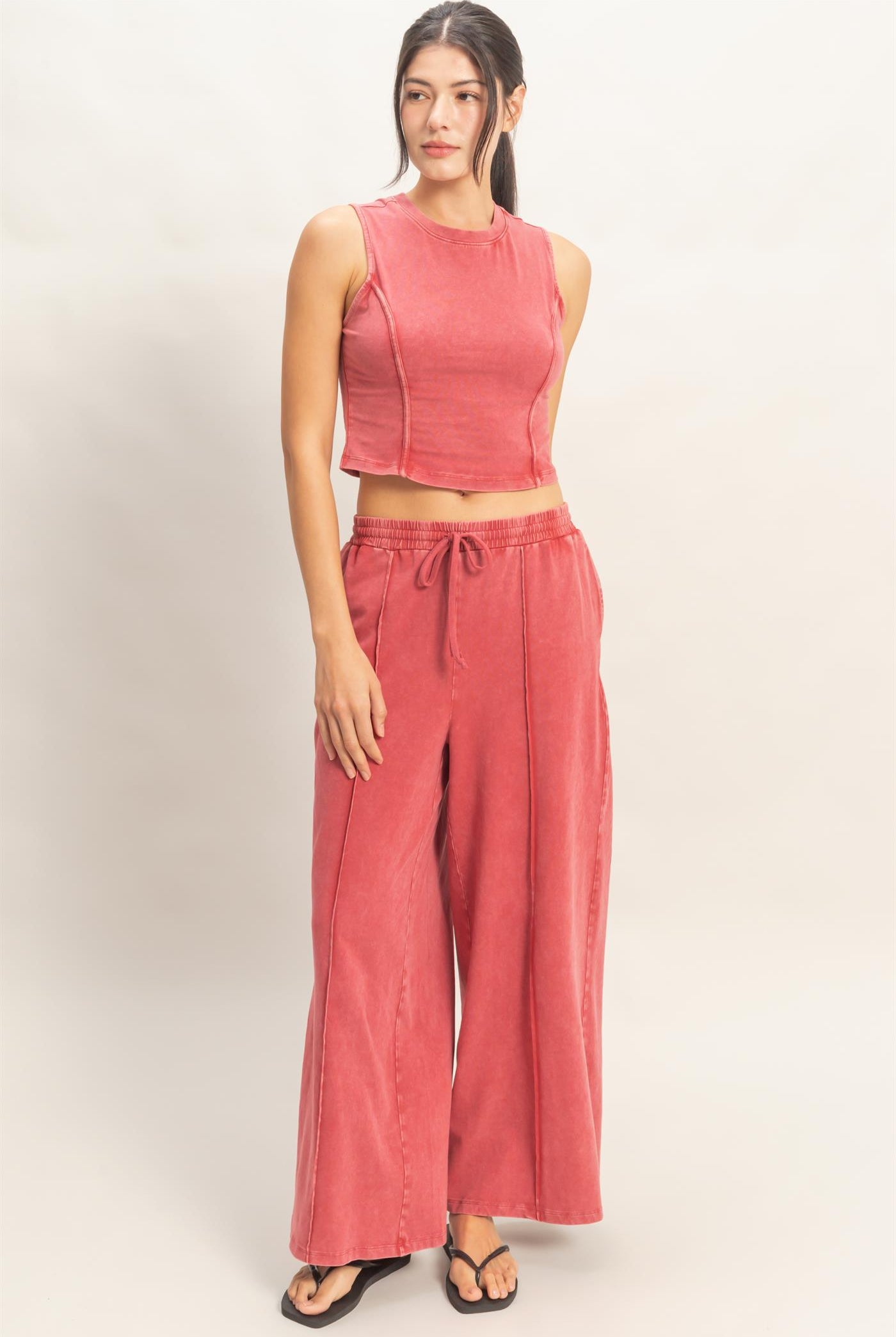 Wholesale Mineral Washed Sleeveless Top & Wide Leg Pants Set Clothing DZ26A371-SET DARK RED DOUBLE ZERO