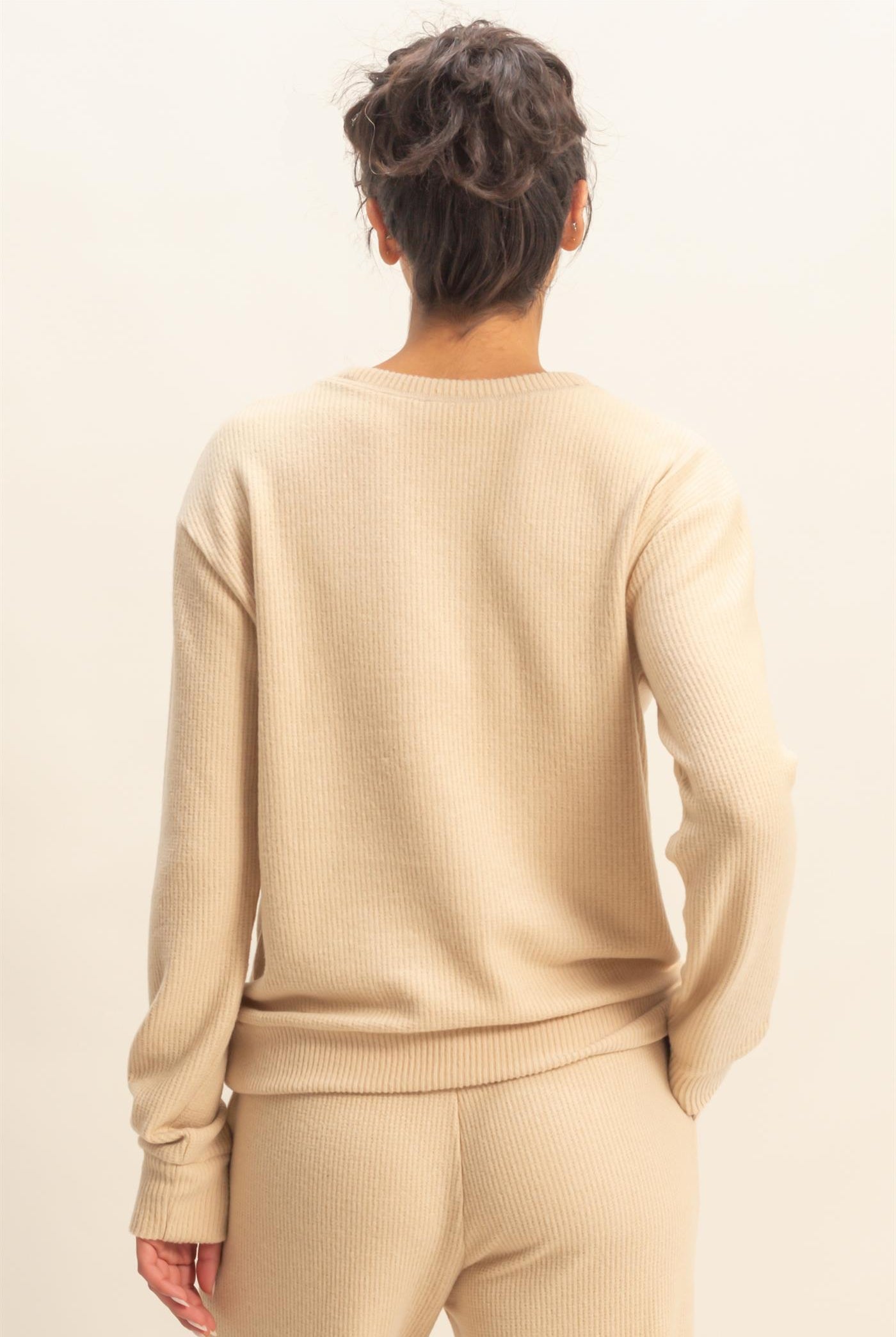 Wholesale Brushed Waffle Crew Neck Long Sleeve Top Clothing Tops DZ26A177 LIGHT TAUPE DOUBLE ZERO