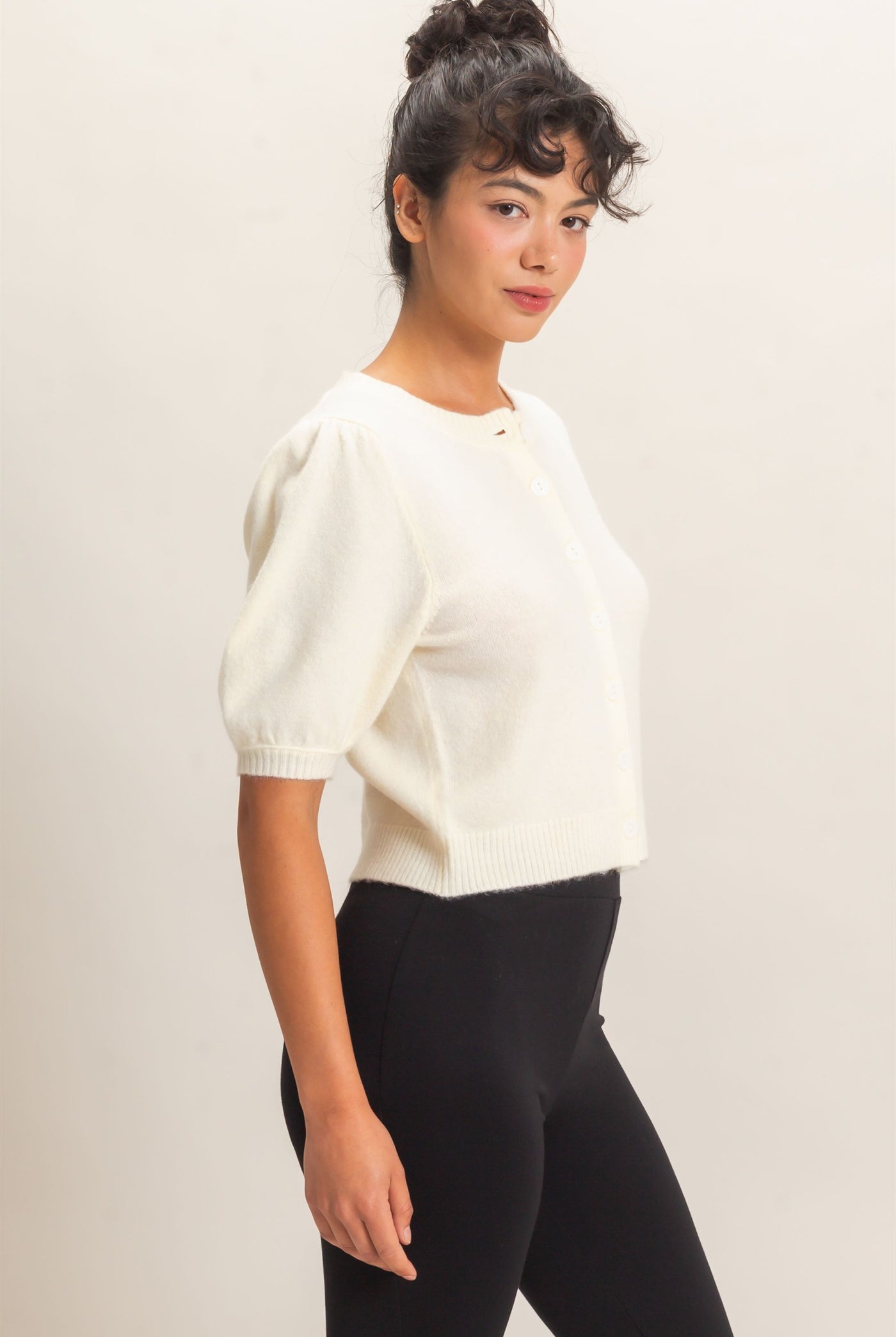 Wholesale Button Front Puff Short Sleeve Cardigan Cardigans DZ26C960 CREAM DOUBLE ZERO