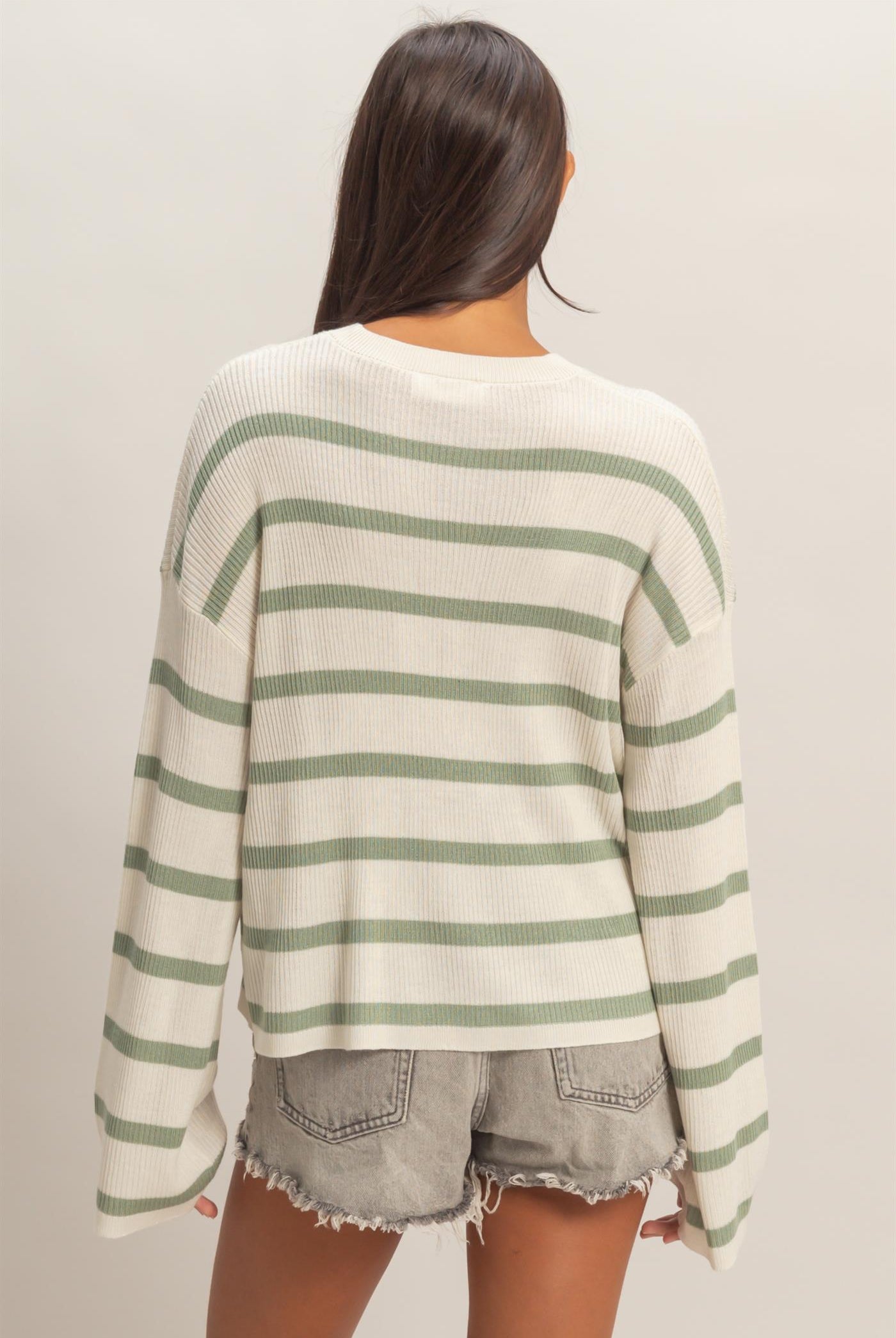 Wholesale Lightweight Wide-Sleeve Striped Sweater Clothing Tops DZ26A329 SAGE GREEN DOUBLE ZERO