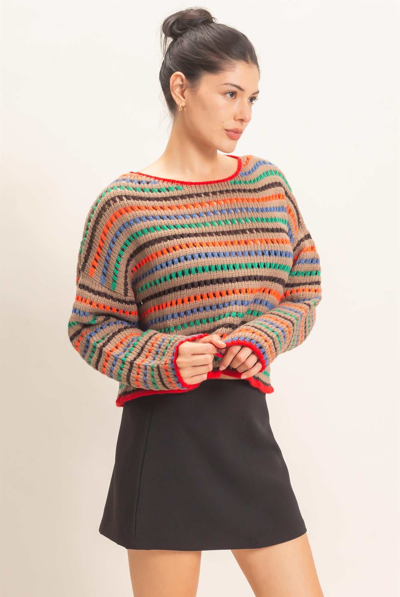 Wholesale Striped Knit Sweater Sweaters HF26F189 MOCHA HYFVE