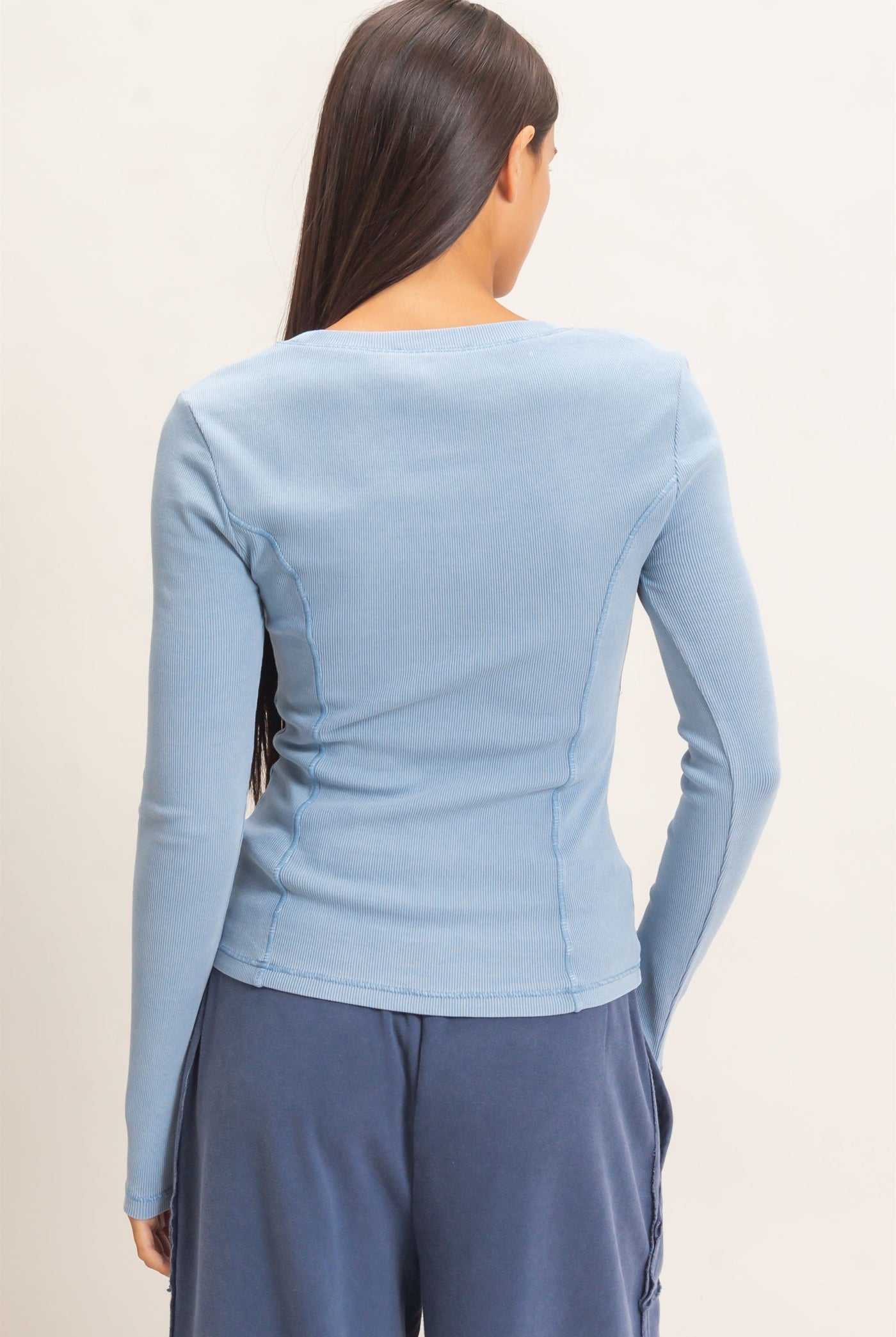 Wholesale Pigment Dye Seam Detail Scoop Neck Top Clothing Tops DZ26E242 DUSTY BLUE DOUBLE ZERO