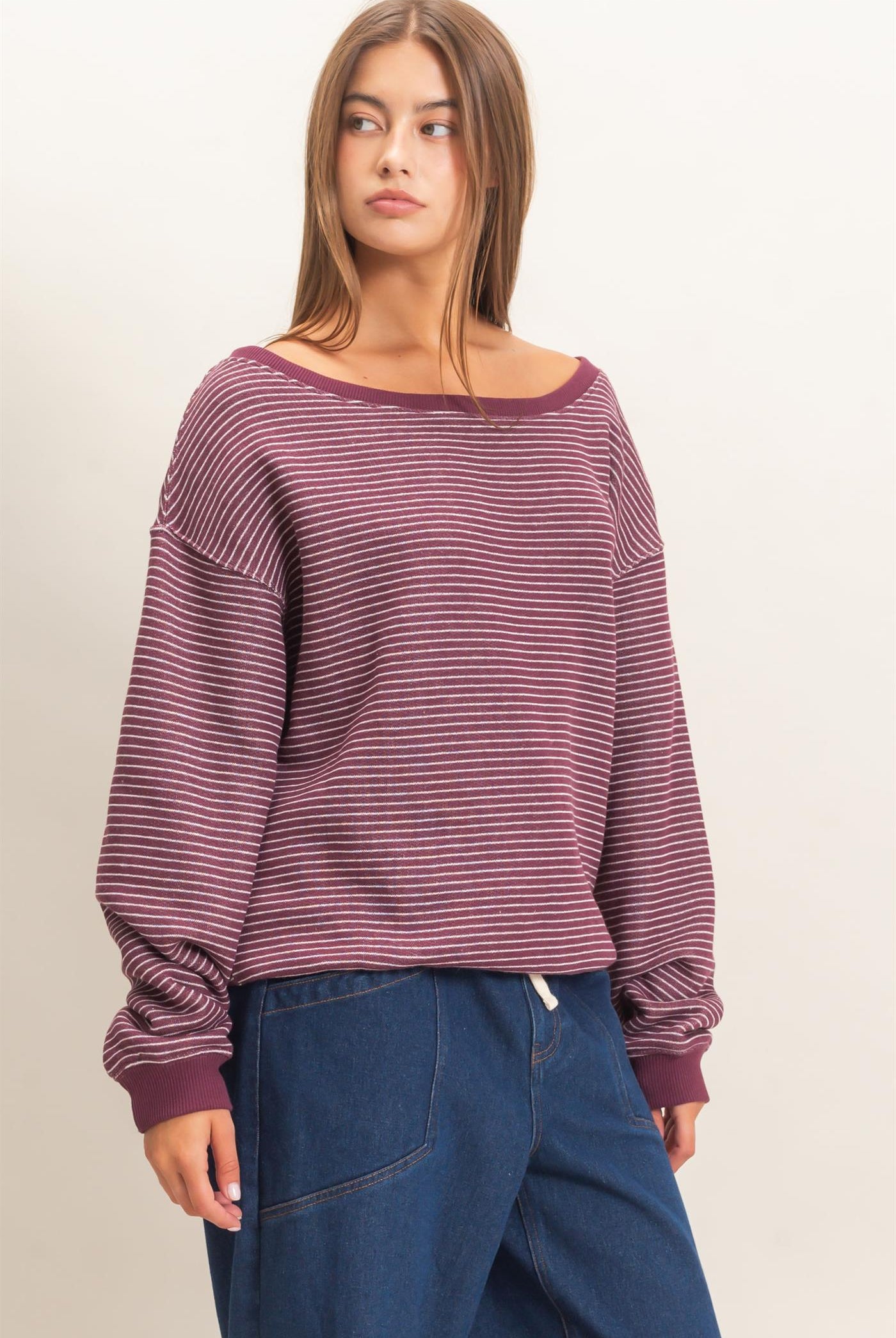 Wholesale Striped Off The Shoulder Sweatshirt Sweatshirts DZ26C881 DARK CHERRY DOUBLE ZERO