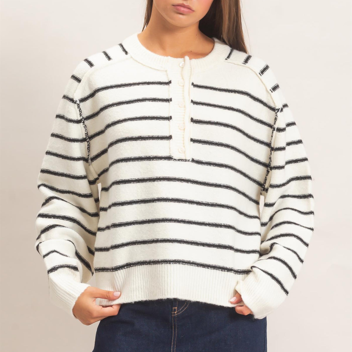Wholesale Stripe Henley Sweater Sweaters DZ26F002 CREAM DOUBLE ZERO
