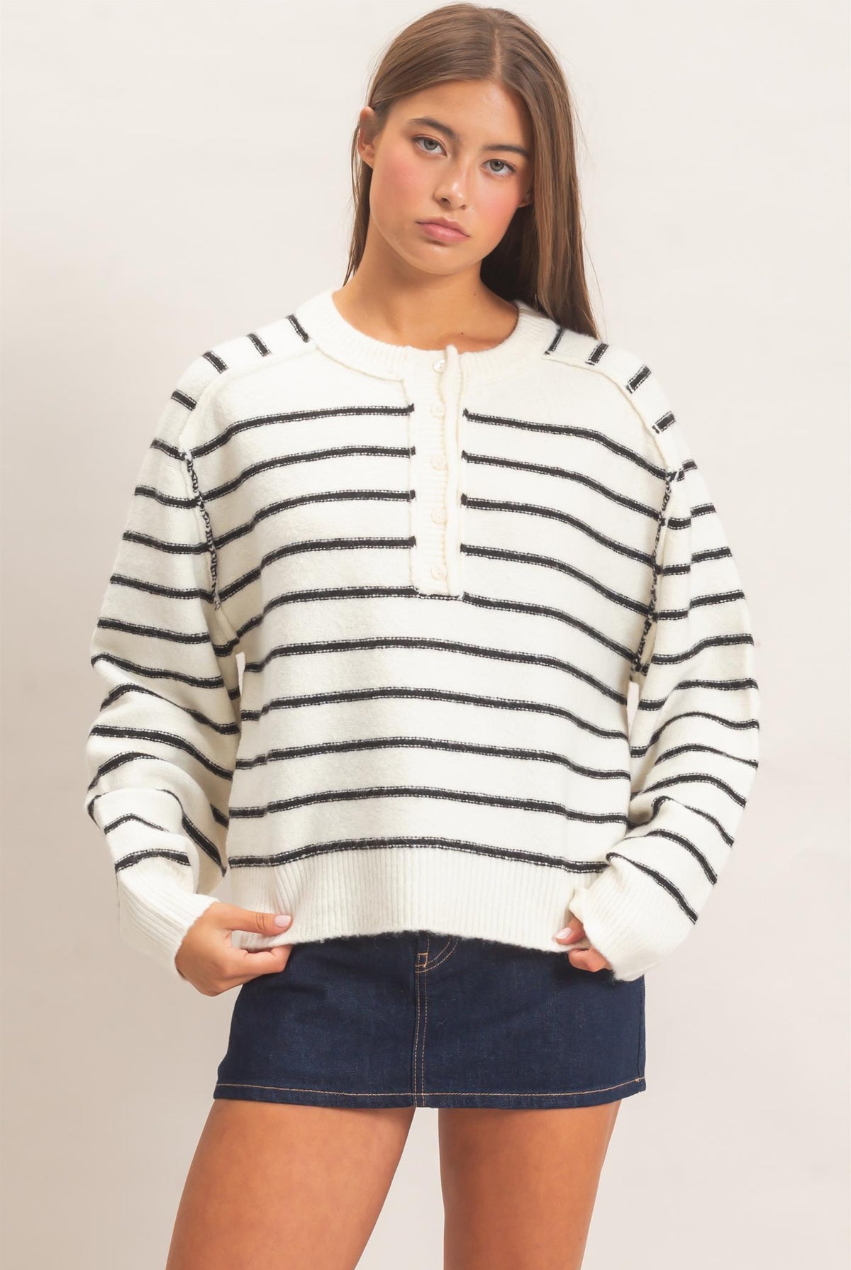 Wholesale Stripe Henley Sweater Sweaters DZ26F002 CREAM DOUBLE ZERO