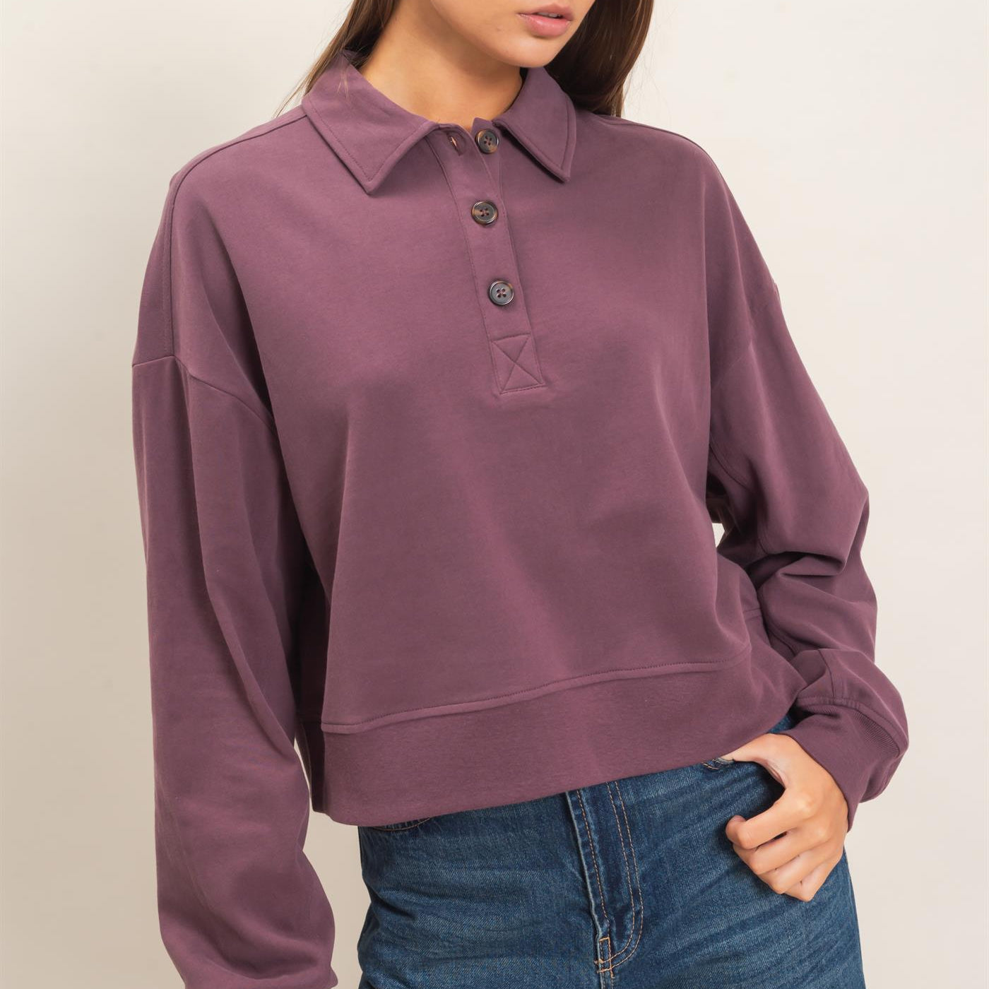 Wholesale Washed Button-Front Collared Sweatshirt Sweatshirts DZ26E390 COCOA DOUBLE ZERO