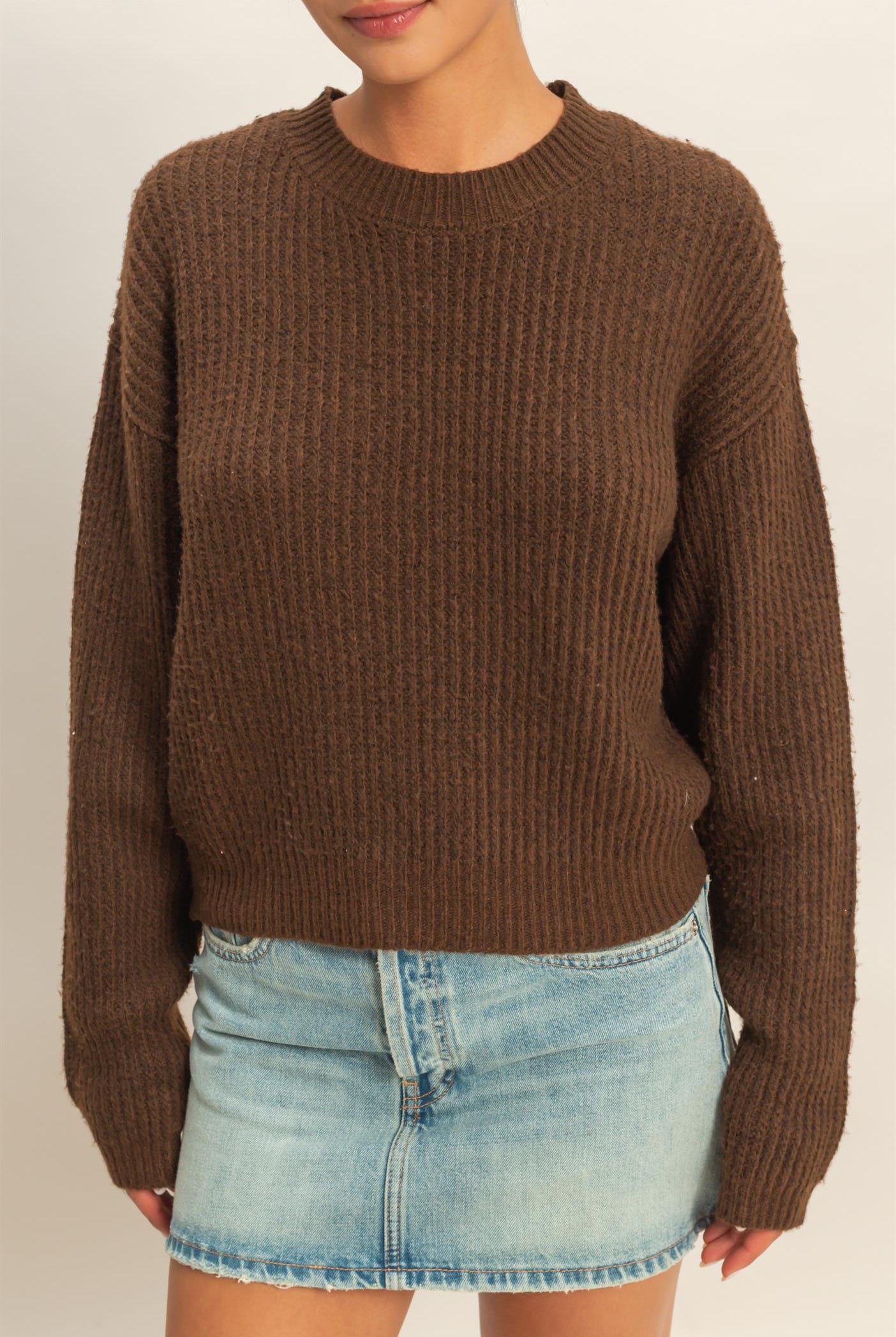 Wholesale Ribbed Crew Neck Sweater Sweaters DZ25F006 CHESTNUT DOUBLE ZERO