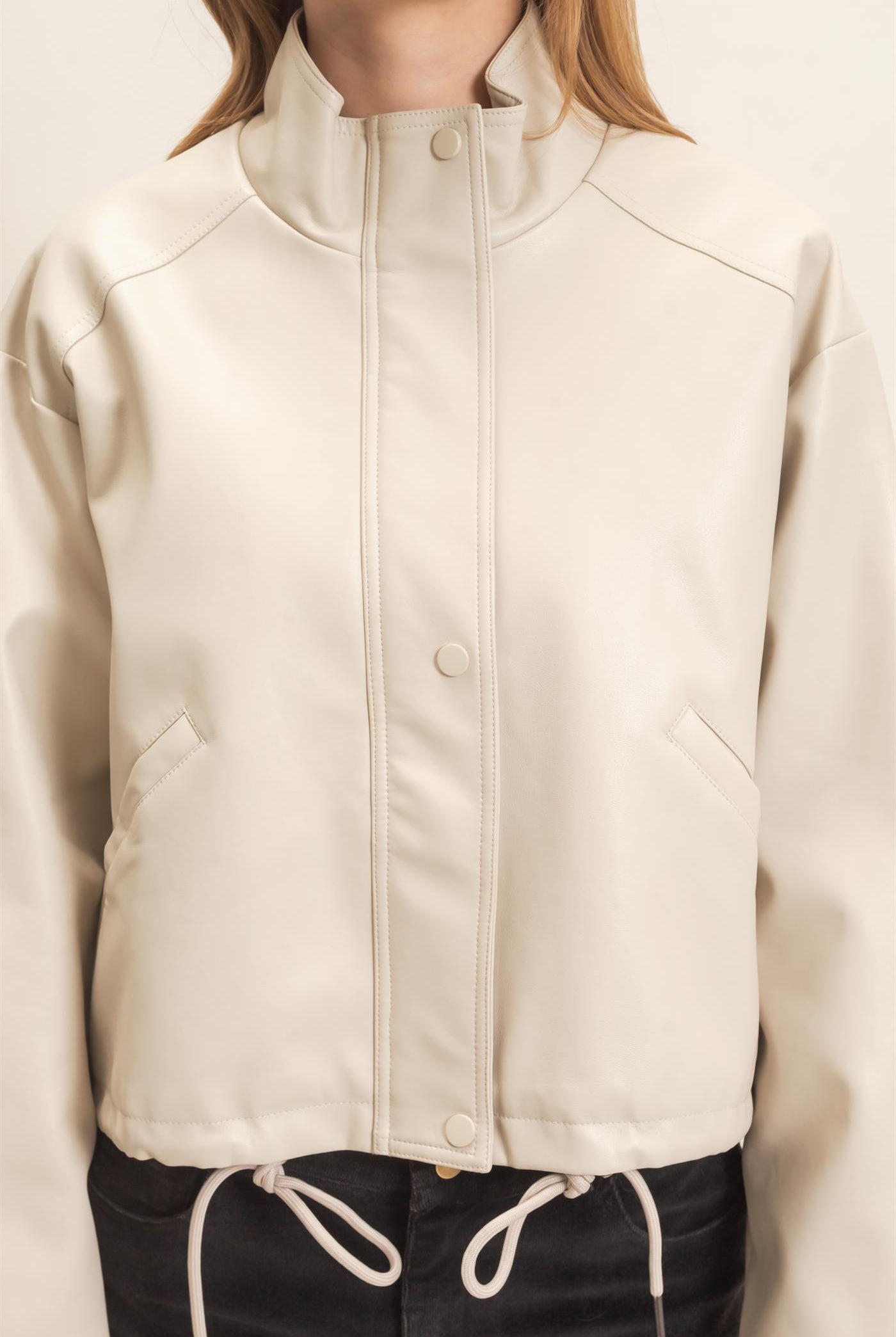 Wholesale Faux Leather Jacket With Stand Collar Bomber Jackets HF25F452 OATMEAL HYFVE