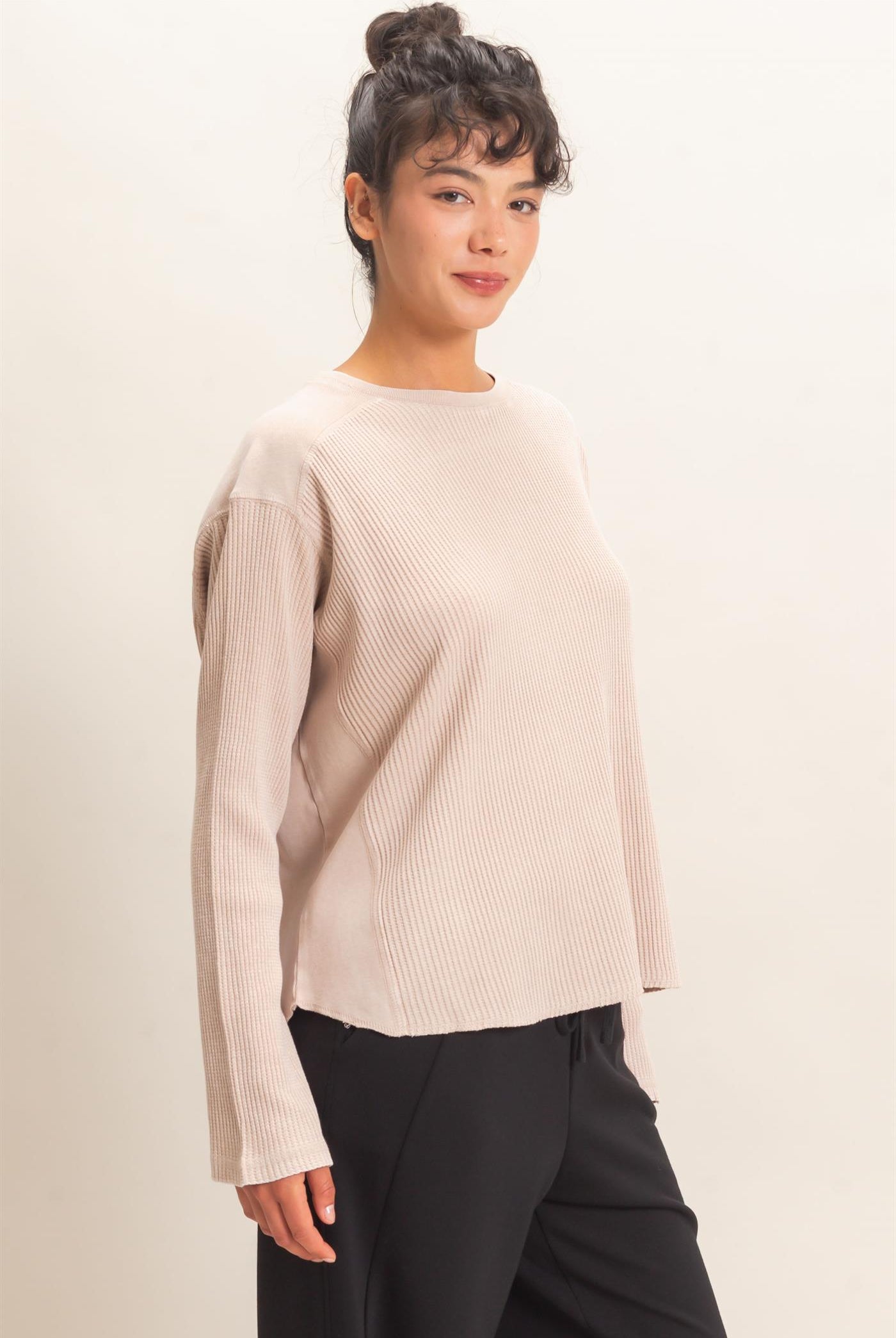 Wholesale Oversized Mineral Washed Waffle Knit Top Clothing Tops DZ26E654 DARK TAUPE DOUBLE ZERO