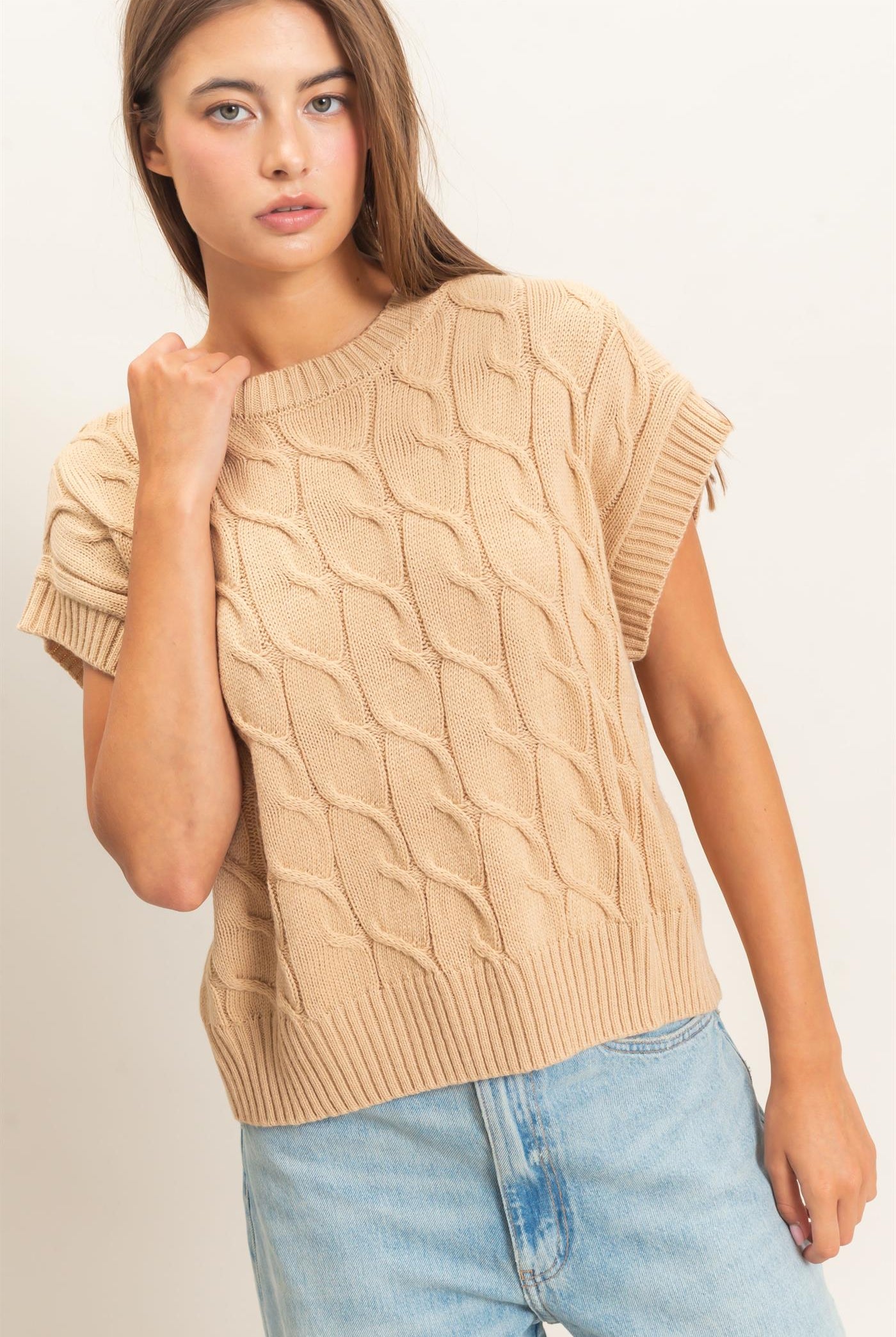 Wholesale Cable Knit Cap Sleeve Sweater Sweaters DZ26C974 TAUPE DOUBLE ZERO