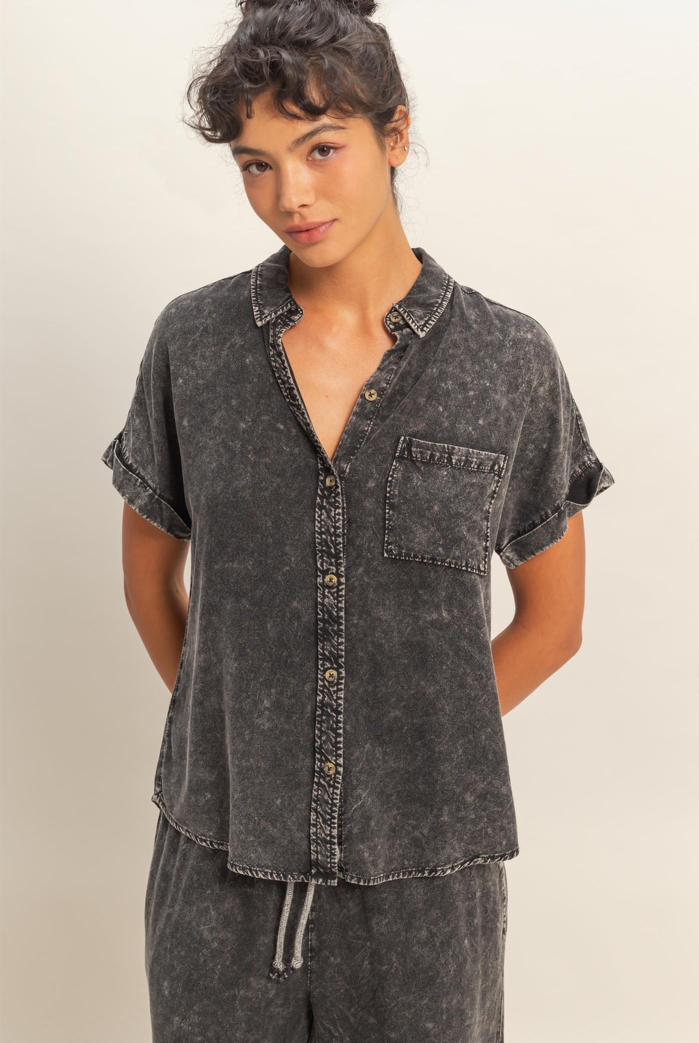 Wholesale Mineral Wash Button-Up Dolman Sleeve Shirt Shirts DZ26C132 BLACK DOUBLE ZERO