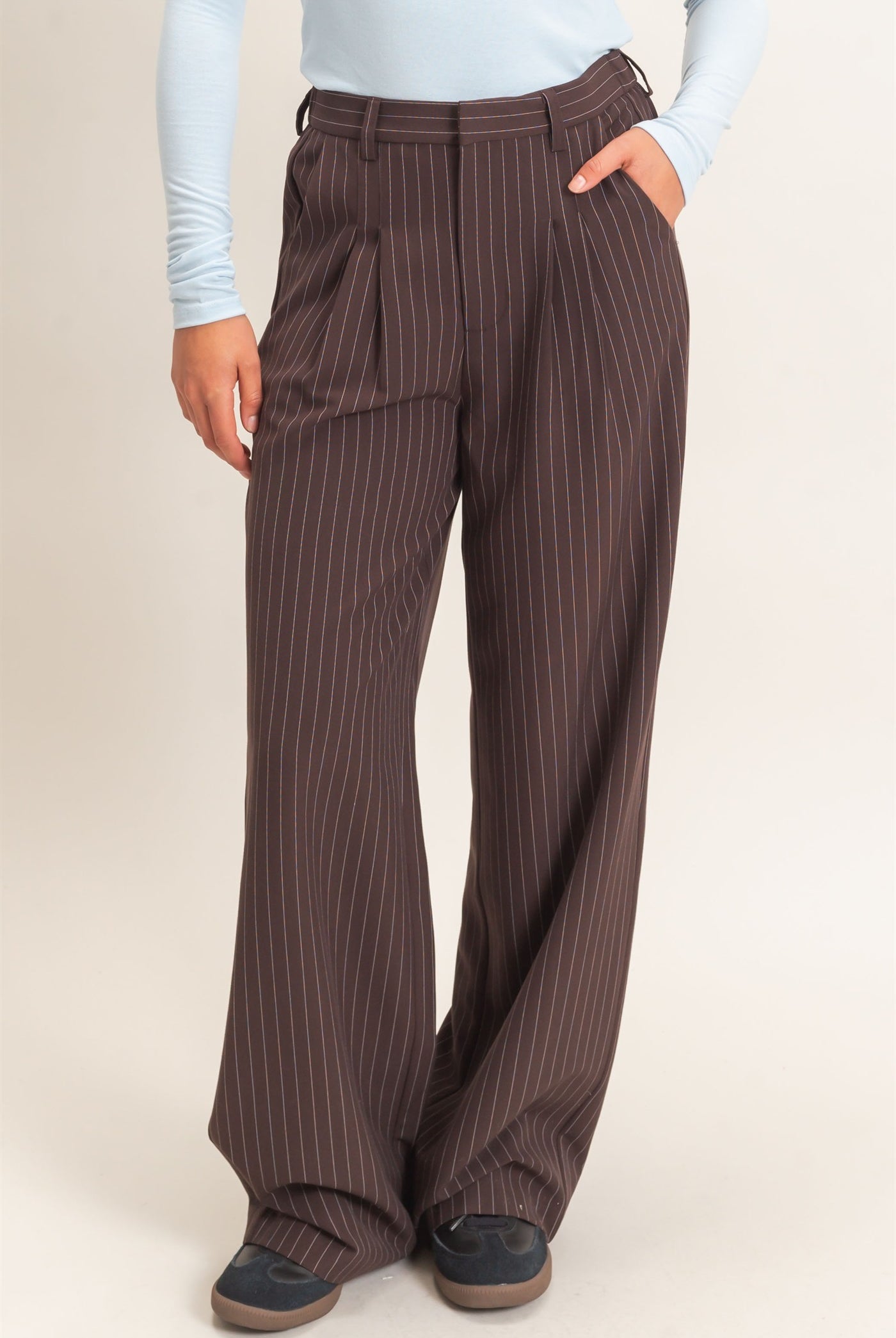 Wholesale Pinstripe Wide-Leg Trousers Pants DZ26E426 DARK BROWN DOUBLE ZERO