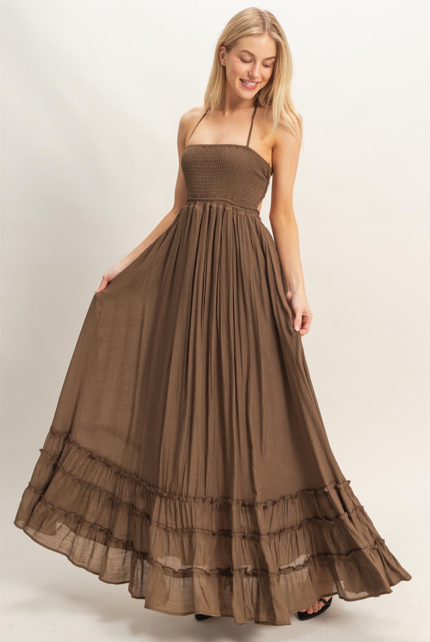 Wholesale Smocked Halter Maxi Dress Dresses HF26C290-D CHOCOLATE HYFVE