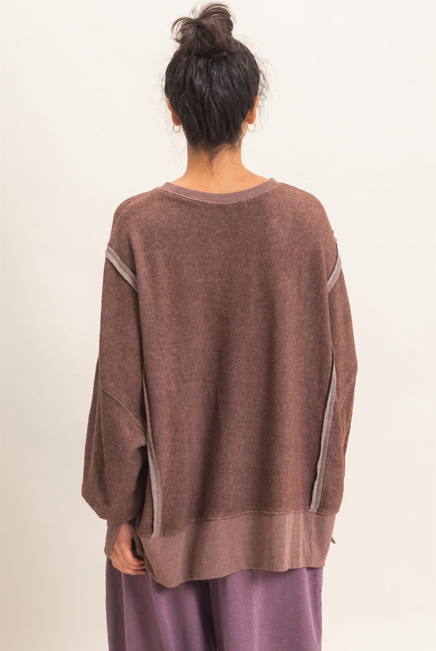 Wholesale Oversized Raw Edge Crew Neck Sweatshirt Sweatshirts DZ26E273 DARK BROWN DOUBLE ZERO