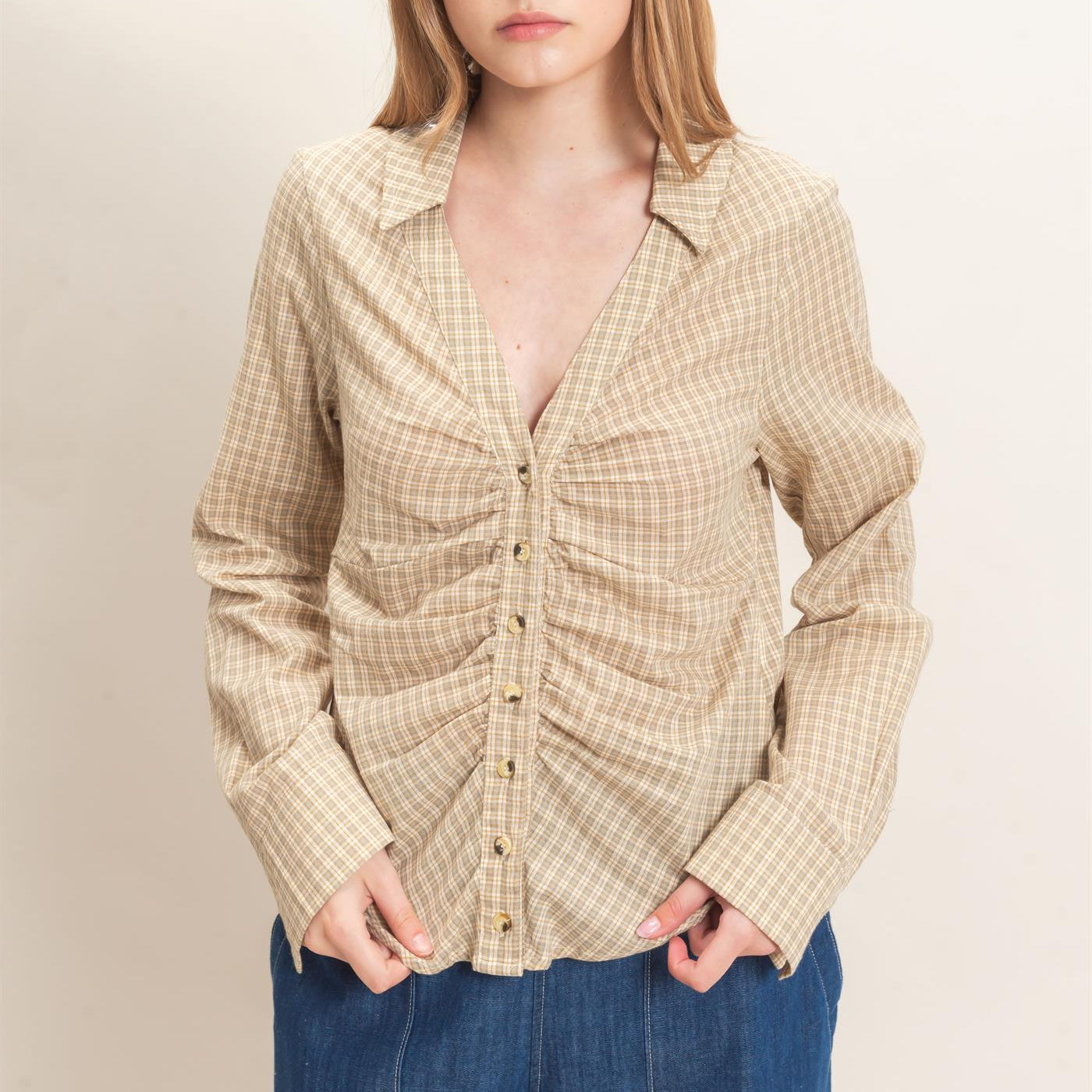 Wholesale Ruched Button-Down Shirt Blouses HF26E348 CREAM HYFVE