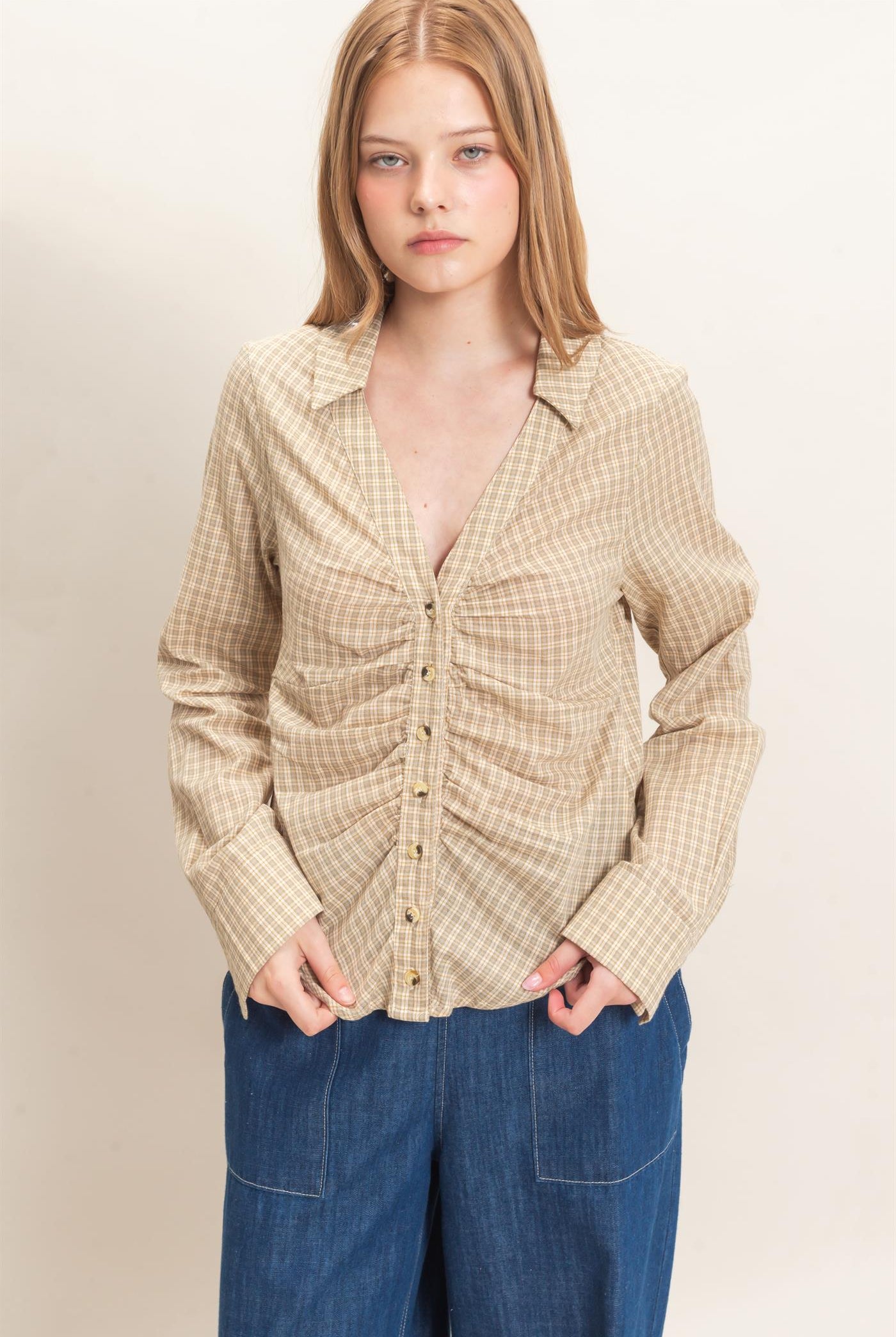 Wholesale Ruched Button-Down Shirt Blouses HF26E348 CREAM HYFVE