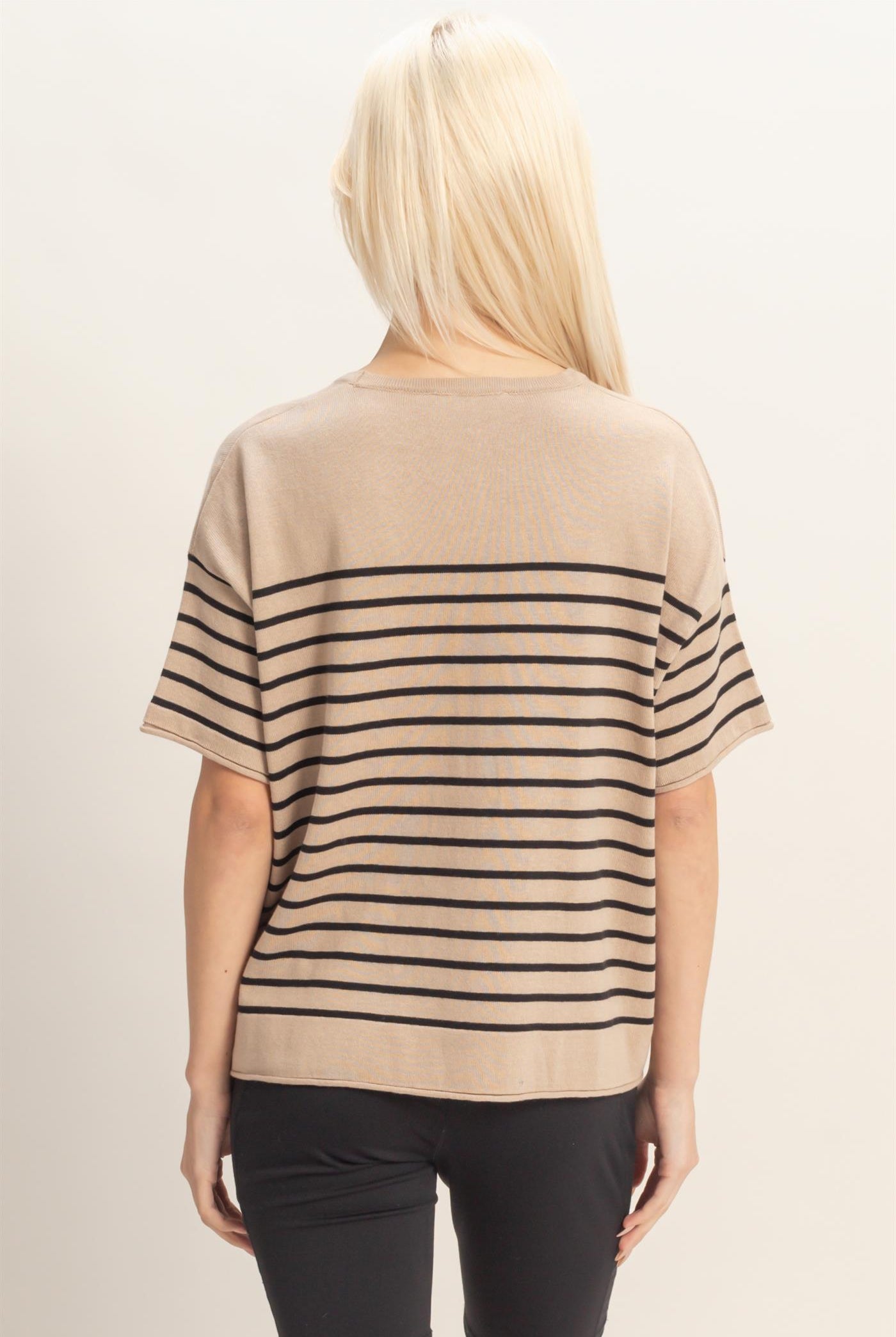 Wholesale Striped Short Sleeve Knit Top Clothing Tops DZ26A838 DARK TAUPE DOUBLE ZERO