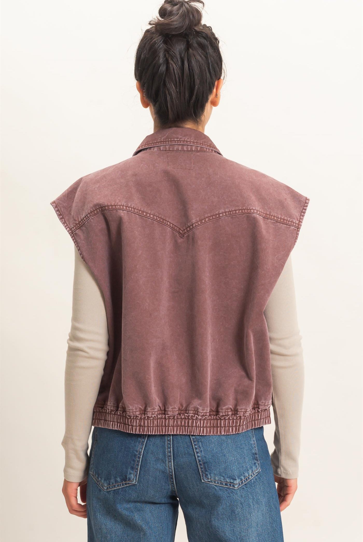 Wholesale Mineral Wash Sleeveless Zip-Up Collar Vest Vests DZ26E392 DARK BROWN DOUBLE ZERO