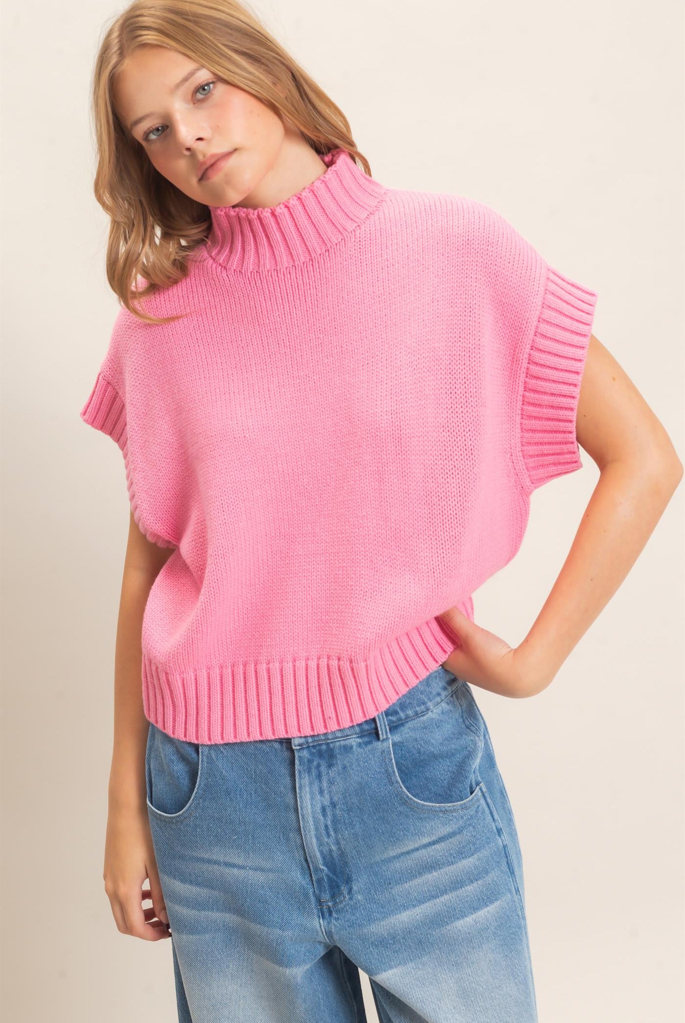 Wholesale Ribbed Mock Neck Sweater Vest Sweaters HF26F186-D PINK HYFVE