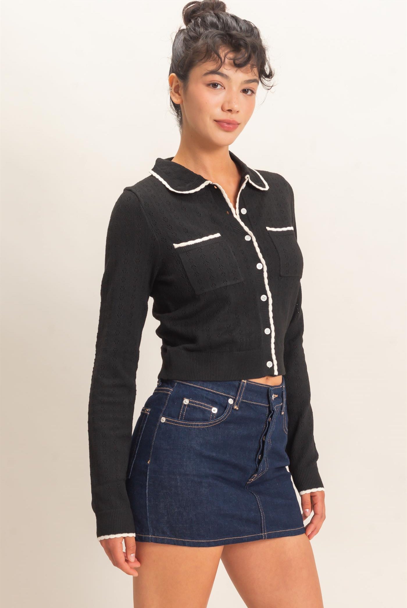 Wholesale Collared Pointelle Knit Cardigan Sweaters DZ26E101 BLACK DOUBLE ZERO