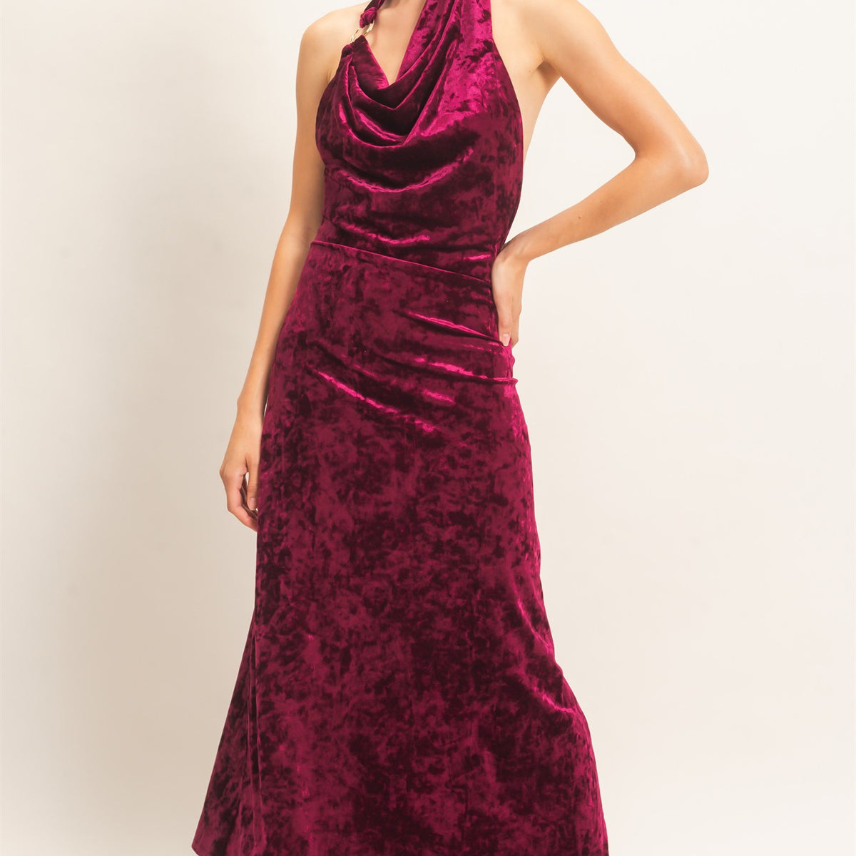 Wholesale Velvet Cowl Neck Halter Dress Dresses HF26F178 BURGUNDY HYFVE