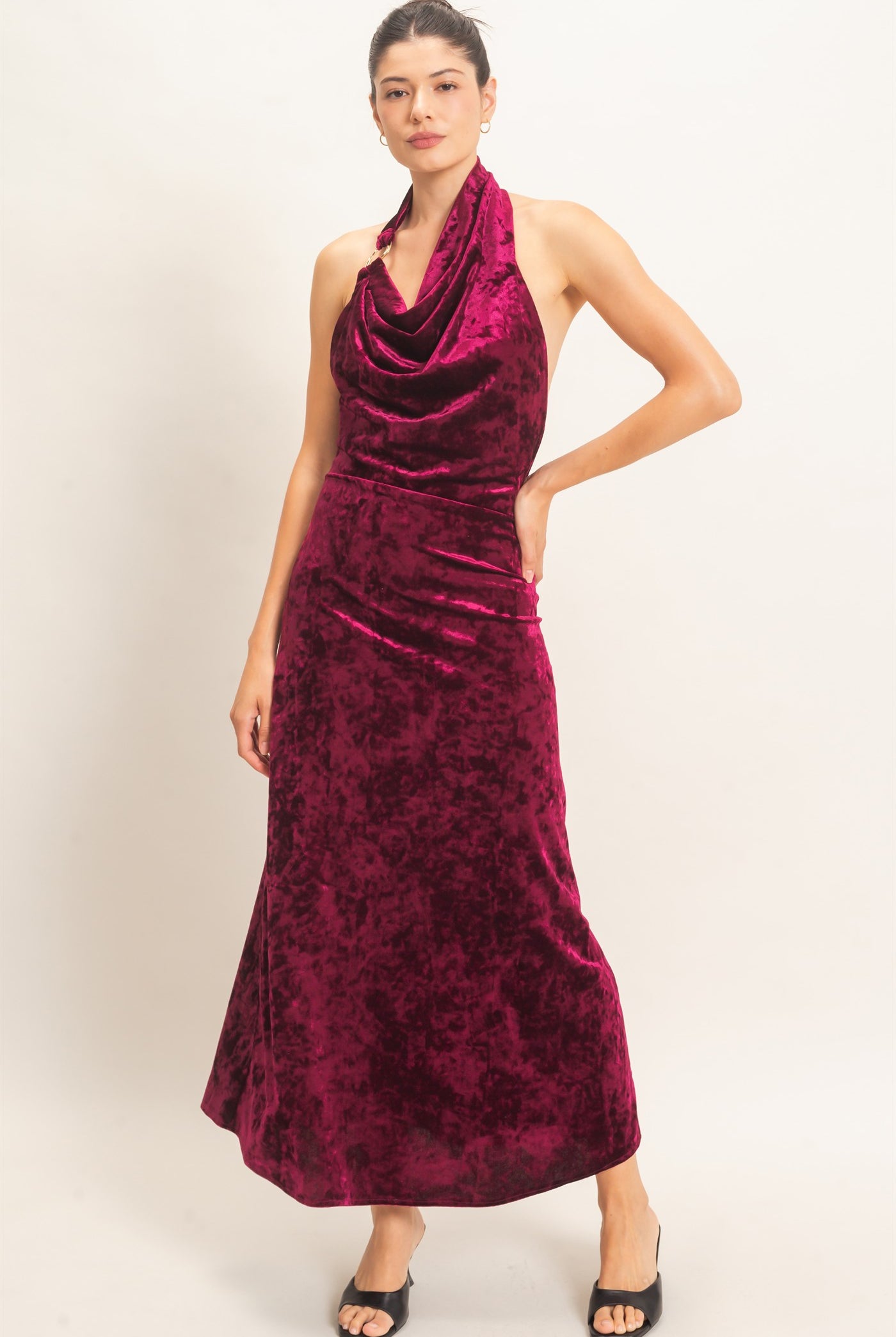 Wholesale Velvet Cowl Neck Halter Dress Dresses HF26F178 BURGUNDY HYFVE