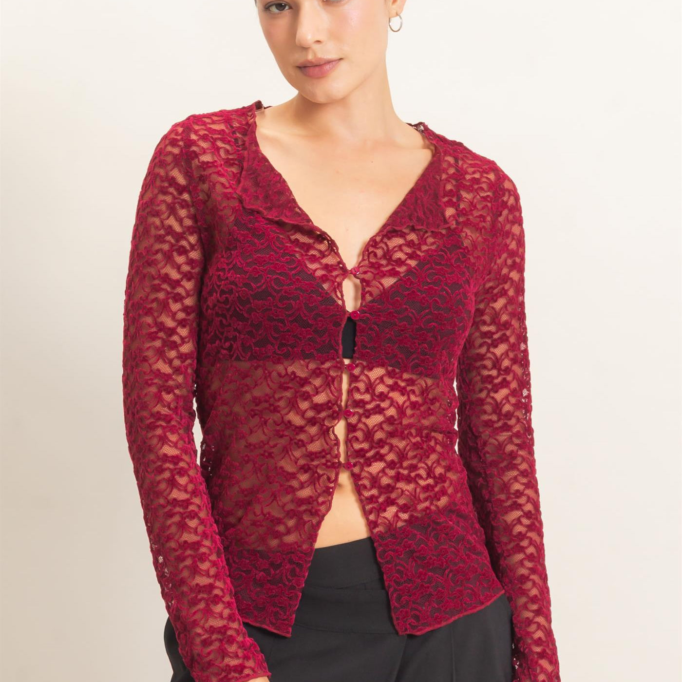 Wholesale Flocked Lace Long Sleeve Cardigan Clothing Tops HF26E415 BURGUNDY HYFVE