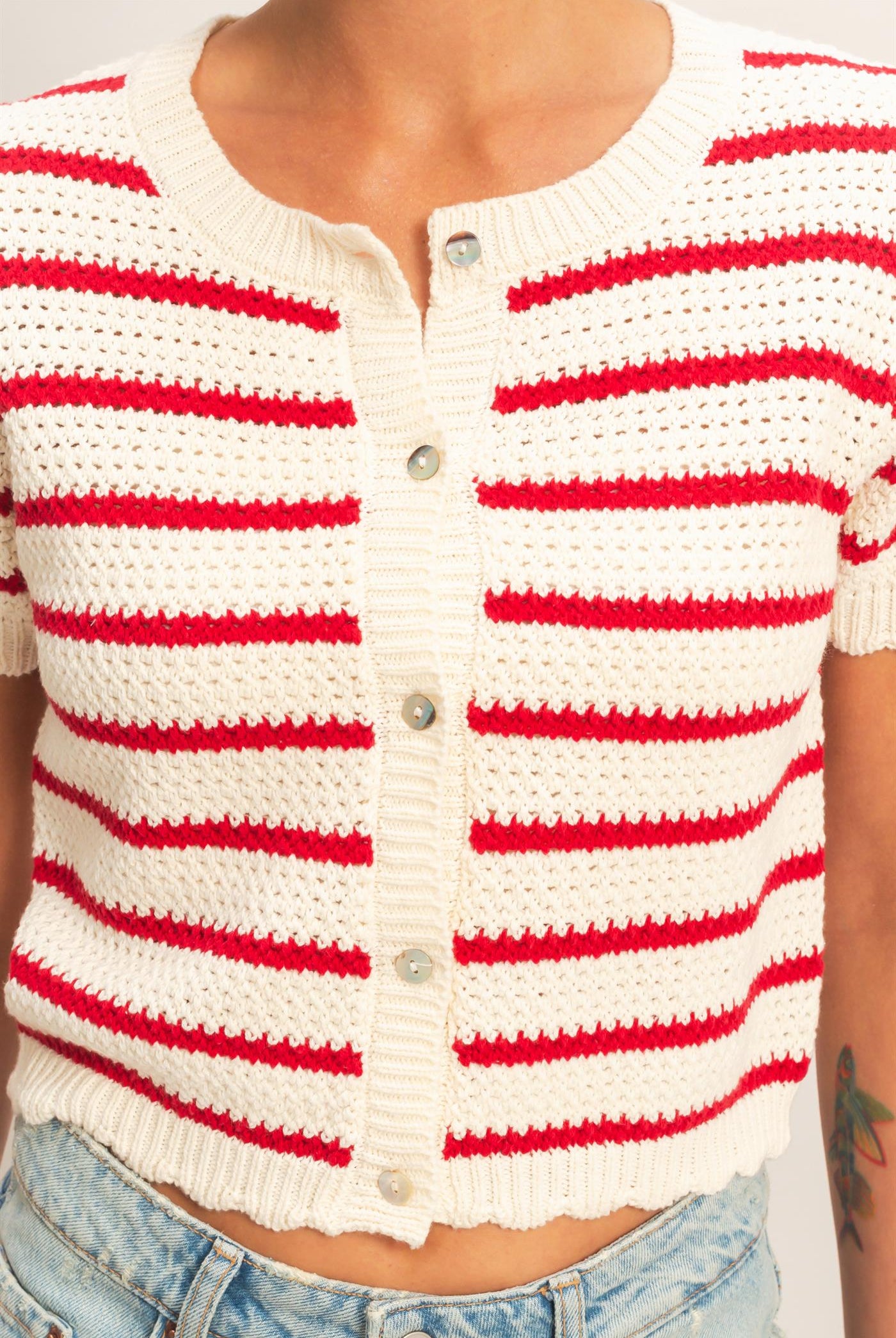 Wholesale Striped Short Sleeve Cardigan With Scallop Edge Cardigans DZ26A605 RED DOUBLE ZERO