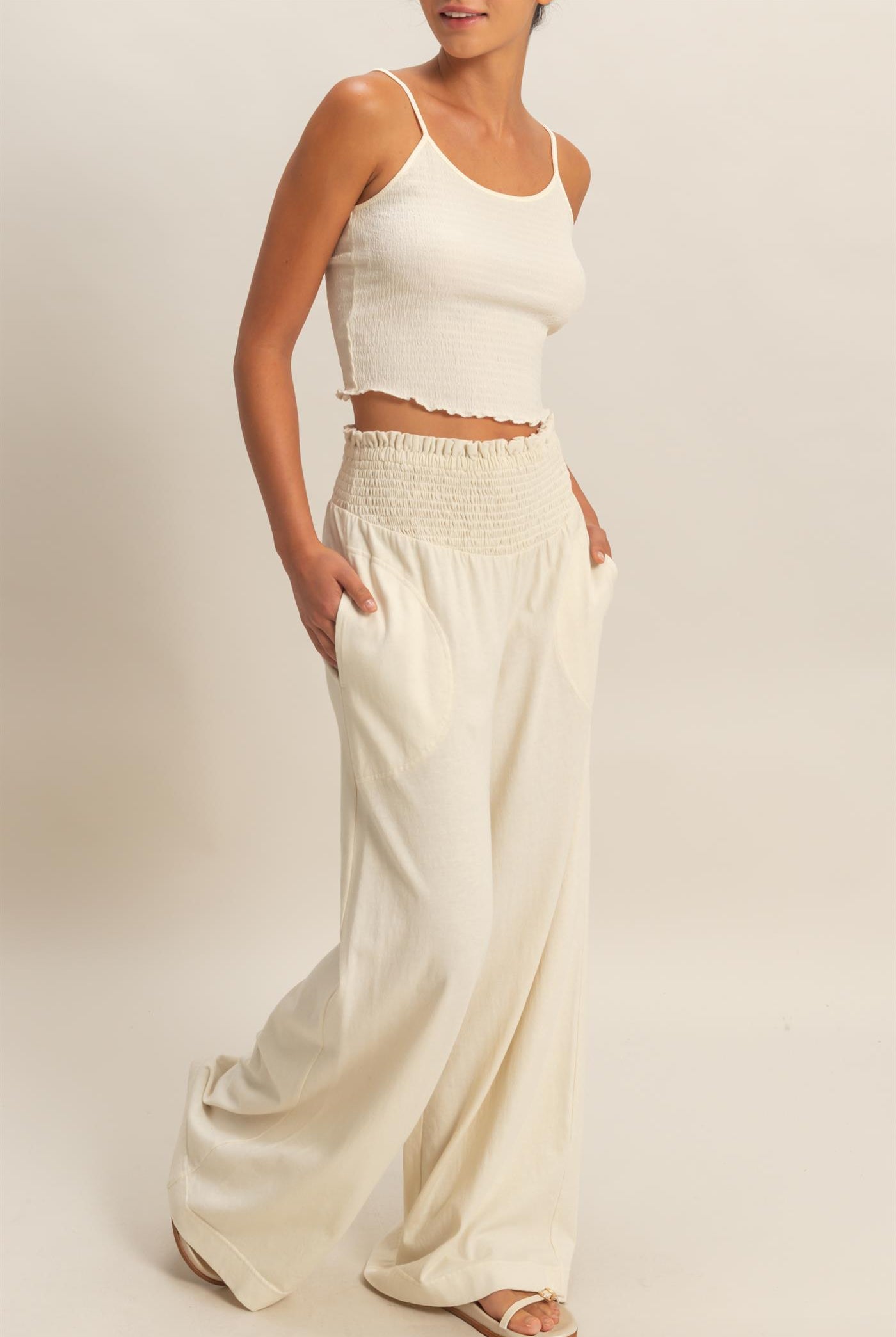 Wholesale Mineral Washed Wide-Leg Smocked Waist Pants Pants DZ26A249 ALPACA DOUBLE ZERO