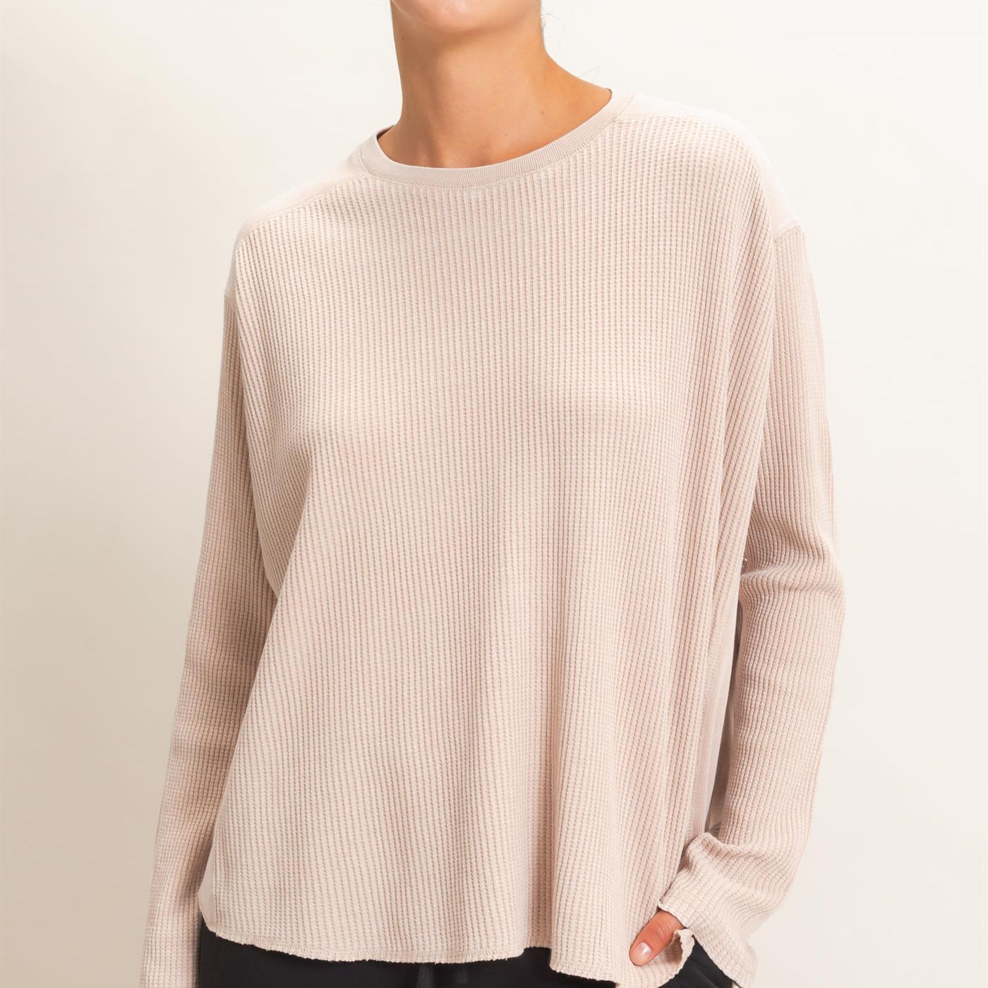 Wholesale Oversized Mineral Washed Waffle Knit Top Clothing Tops DZ26E654 DARK TAUPE DOUBLE ZERO