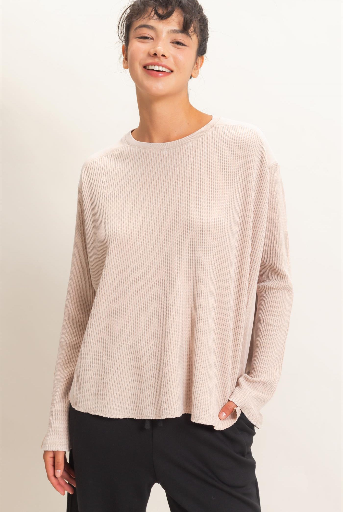 Wholesale Oversized Mineral Washed Waffle Knit Top Clothing Tops DZ26E654 DARK TAUPE DOUBLE ZERO