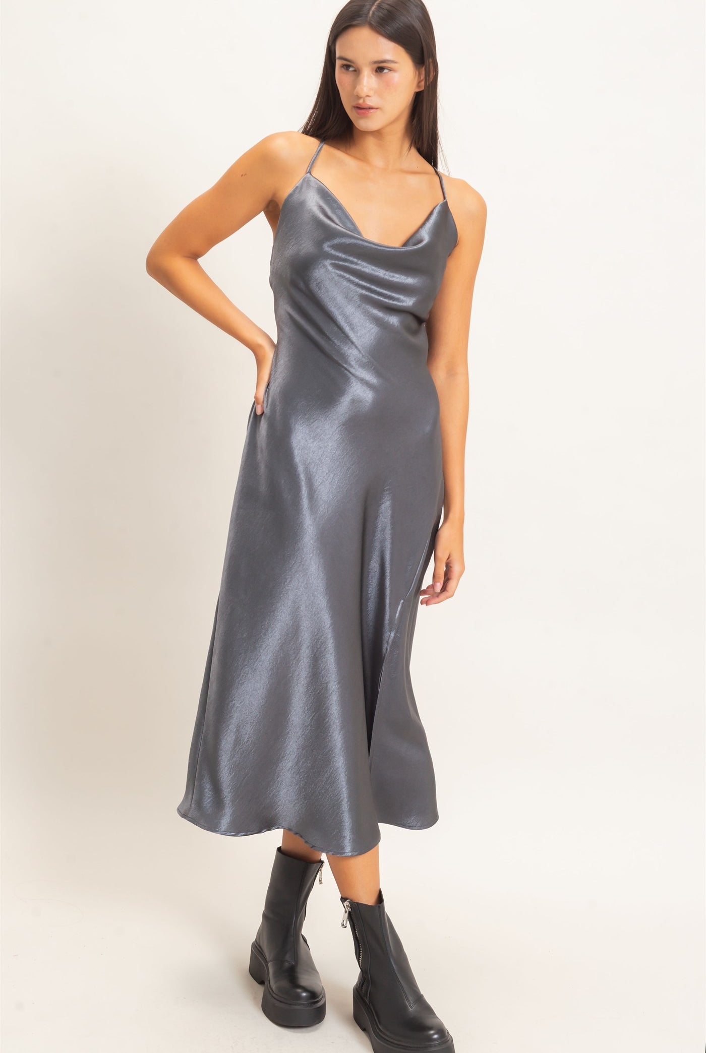 Wholesale Cowl Neck Satin Slip Dress Dresses DZ26E251 DARK GRAY DOUBLE ZERO