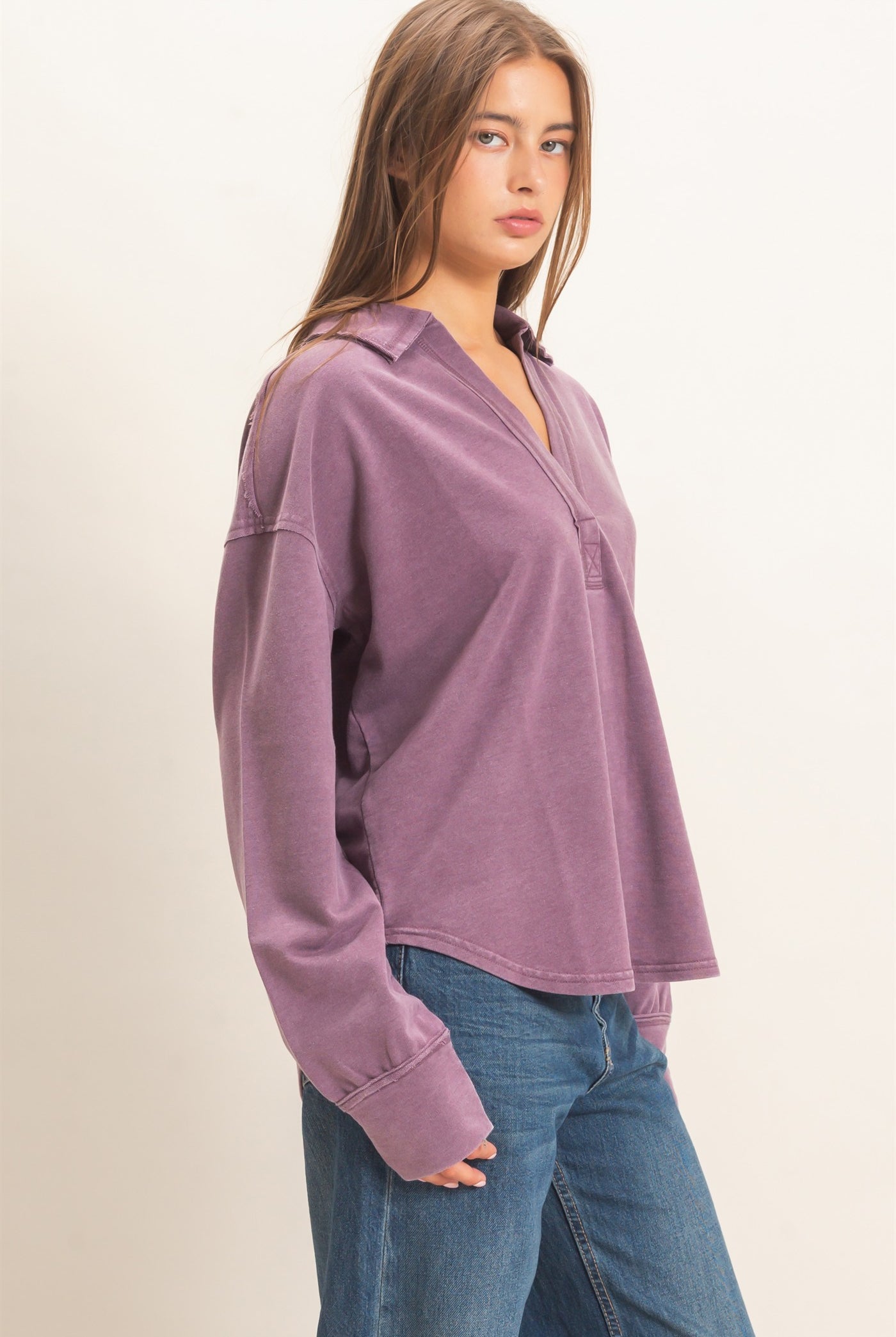 Wholesale Mineral Washed Polo Collar Long Sleeve Top Polos DZ26E887 DARK CHERRY DOUBLE ZERO