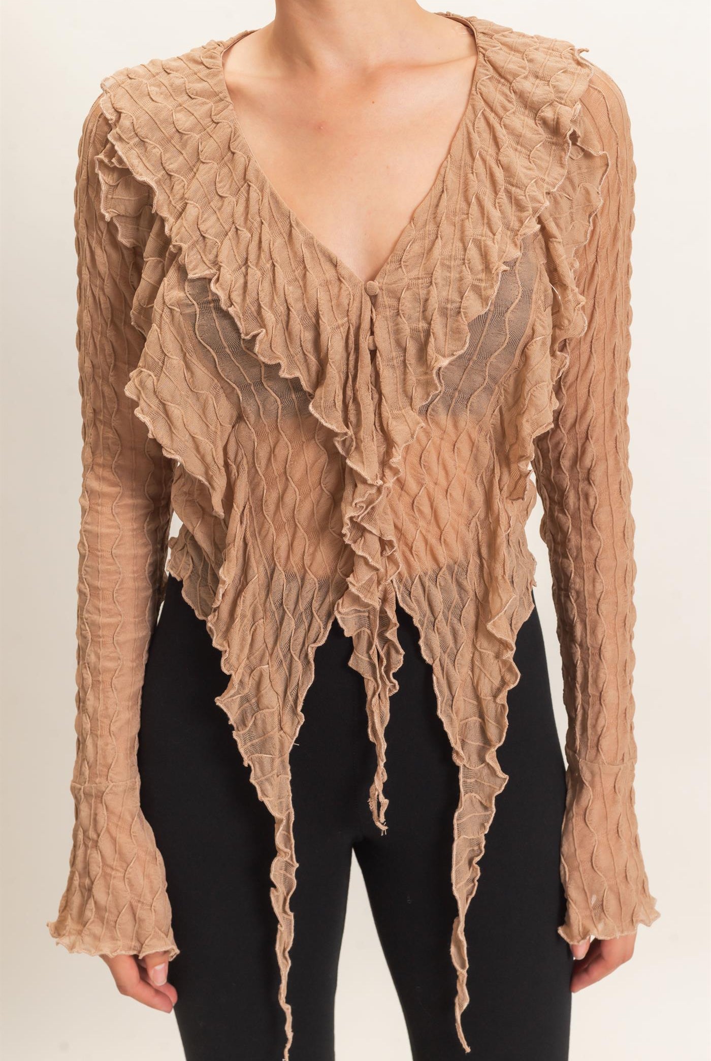 Wholesale Textured V-Neck Tie Front Top Blouses HF26F072 TAN HYFVE