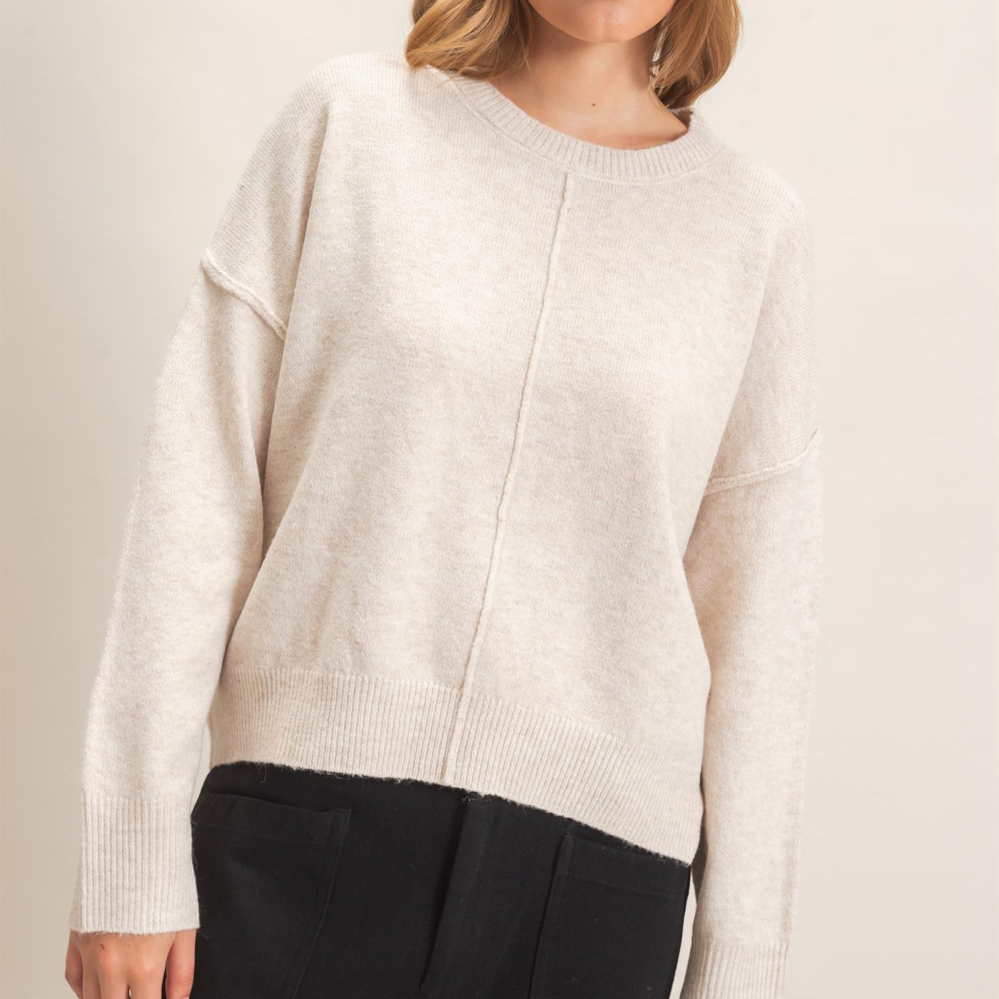 Wholesale Crew Neck Sweater With Ribbed Hem Sweaters HF26E203-D OATMEAL HYFVE