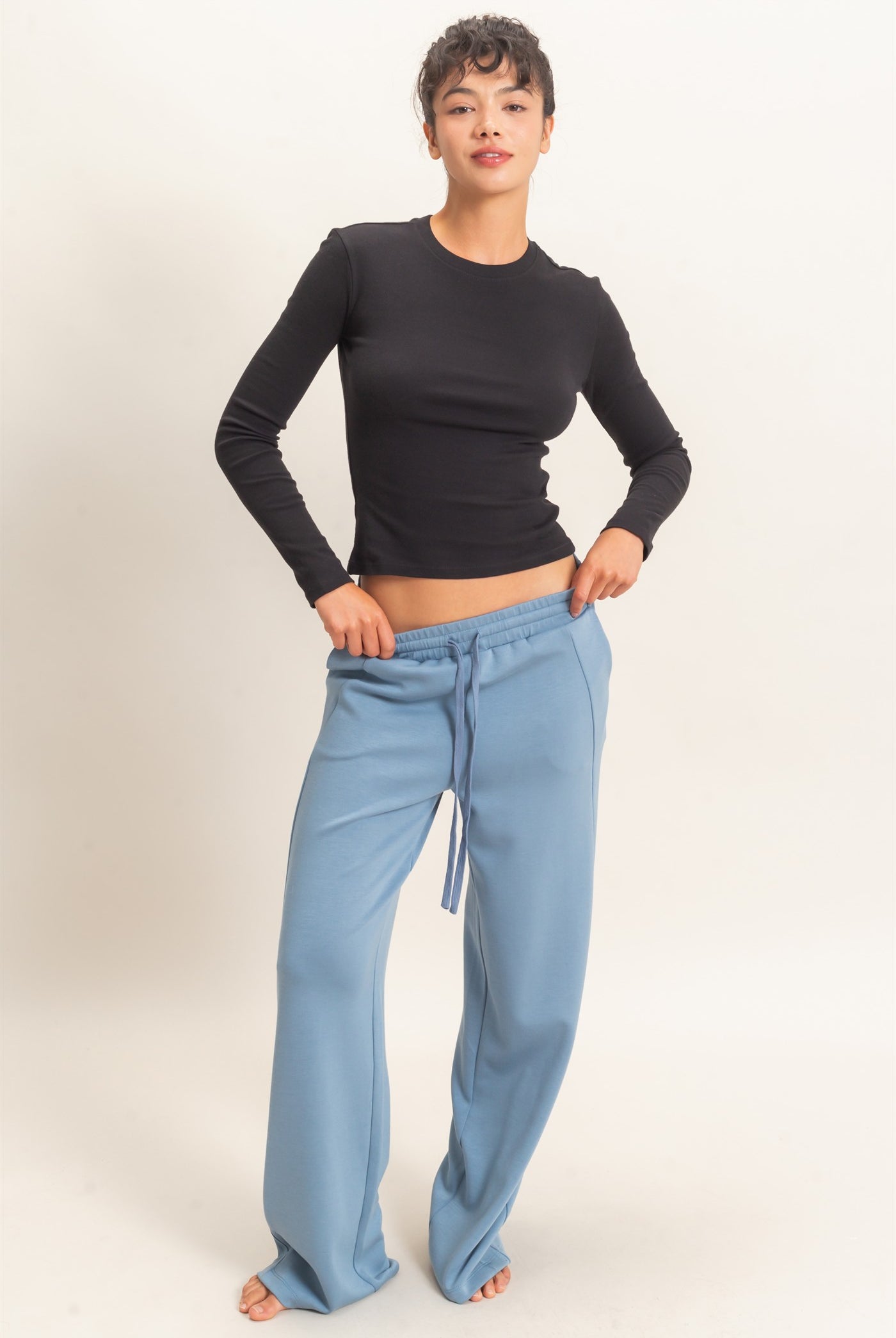 Wholesale Elastic Waist Straight Leg Pants Pants DZ26C969 DUSTY BLUE DOUBLE ZERO
