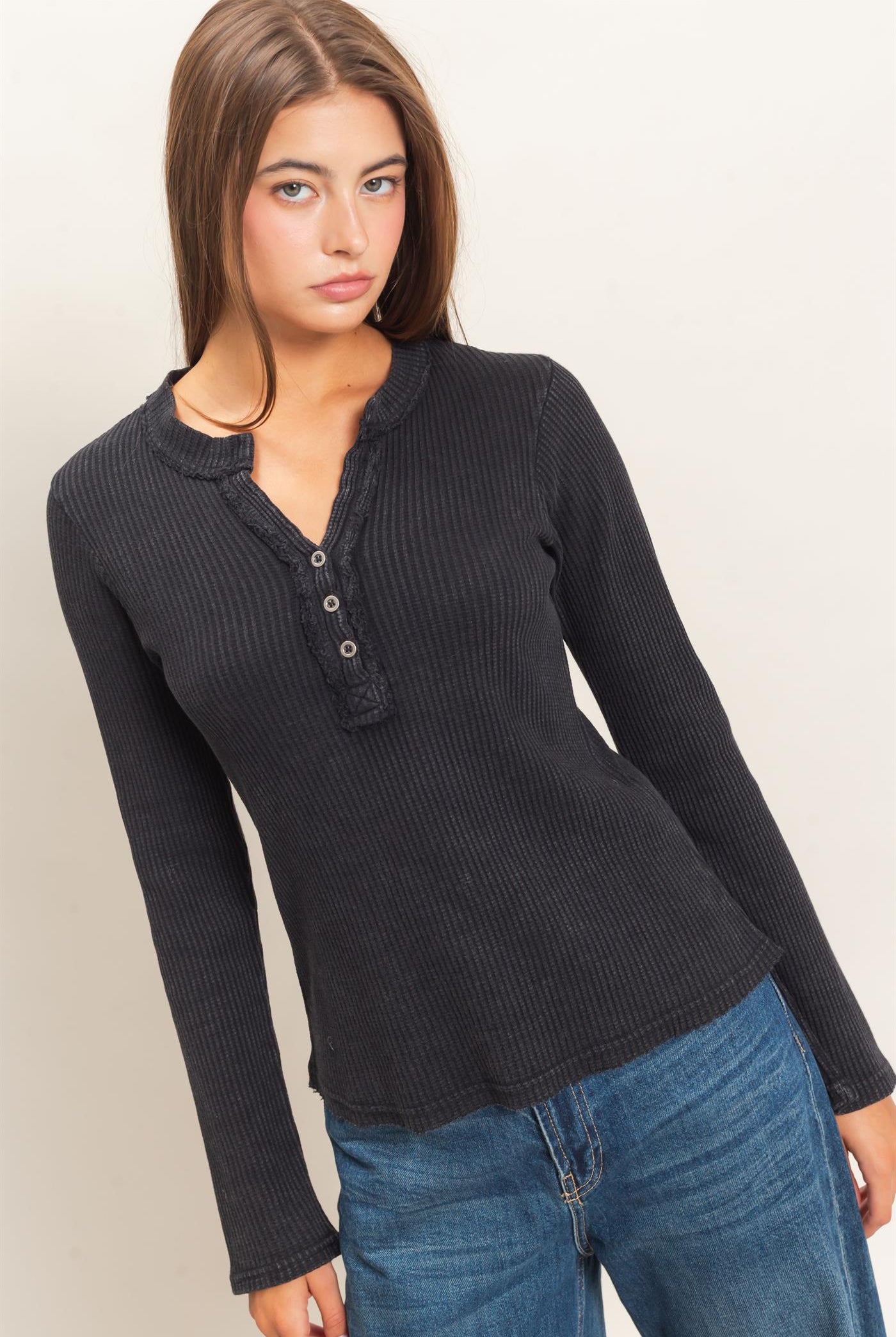 Wholesale Mineral Wash Waffle Henley Long Sleeve Top Clothing Tops DZ26E243 BLACK DOUBLE ZERO