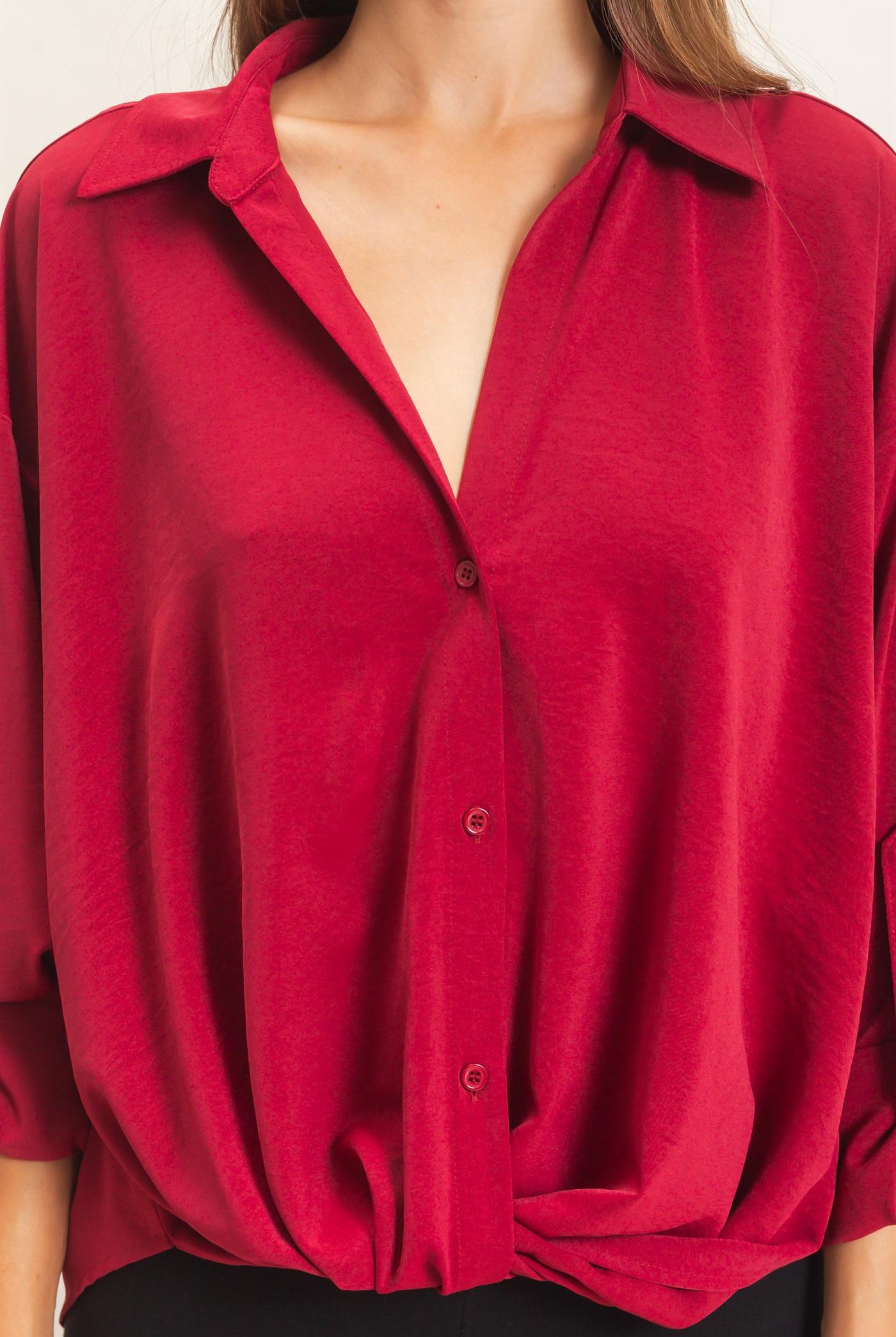 Wholesale Button-Up Dolman Sleeve Top Shirts HF26F070 BURGUNDY HYFVE