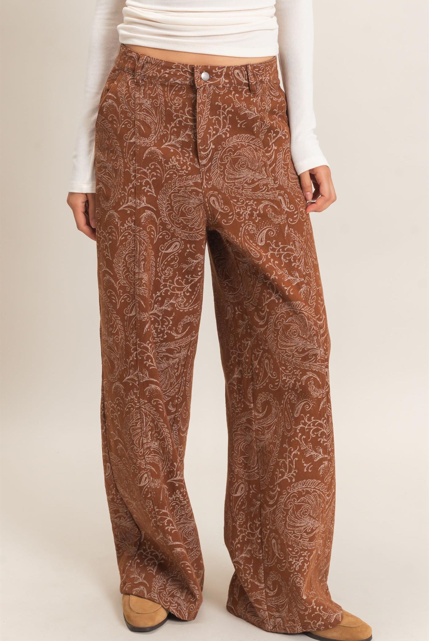 Wholesale Paisley Print Wide-Leg Pants Pants HF26F024 CHESTNUT HYFVE