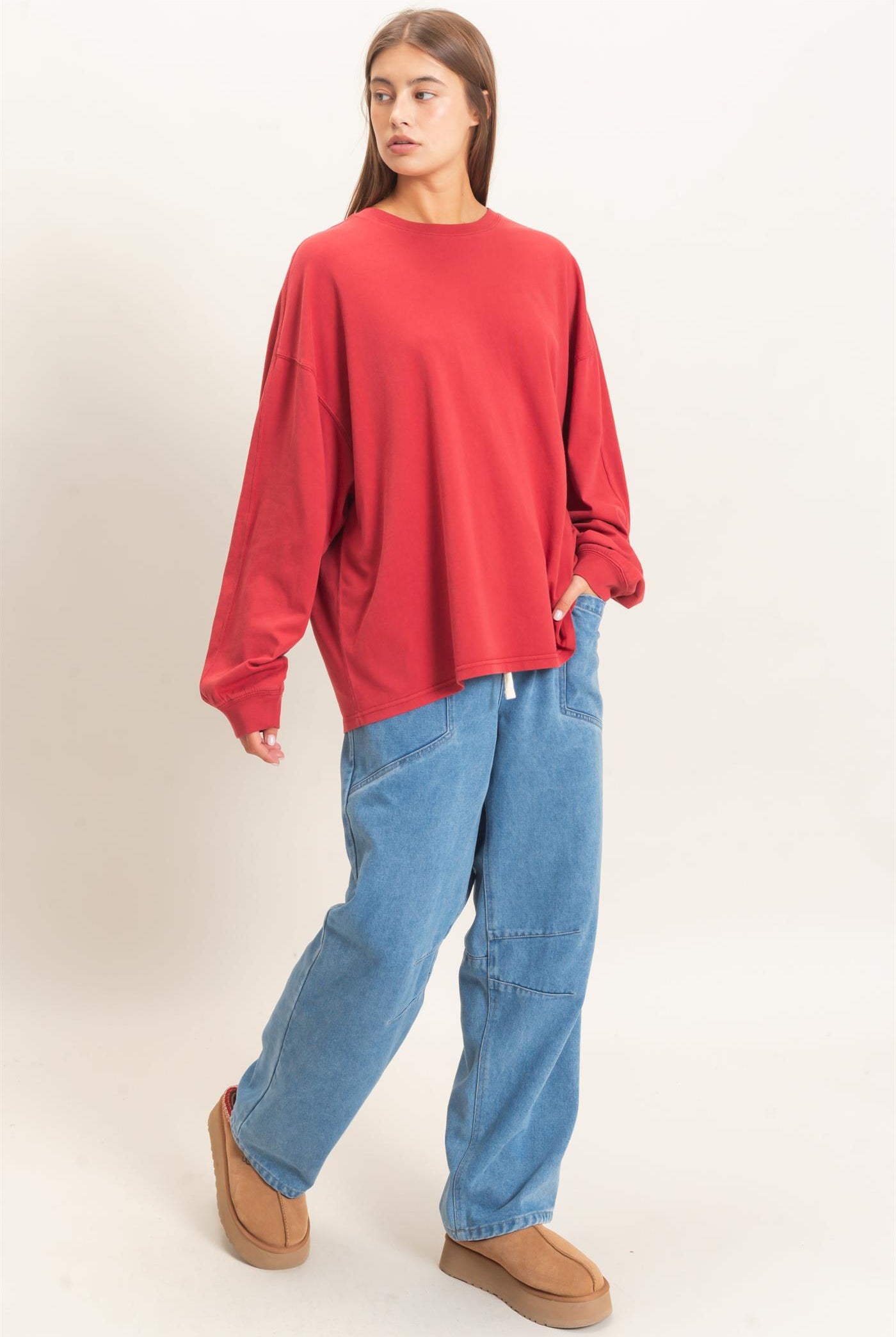 Wholesale Pigment Dye Oversized Long Sleeve Top Clothing Tops DZ26A825 DARK RED DOUBLE ZERO
