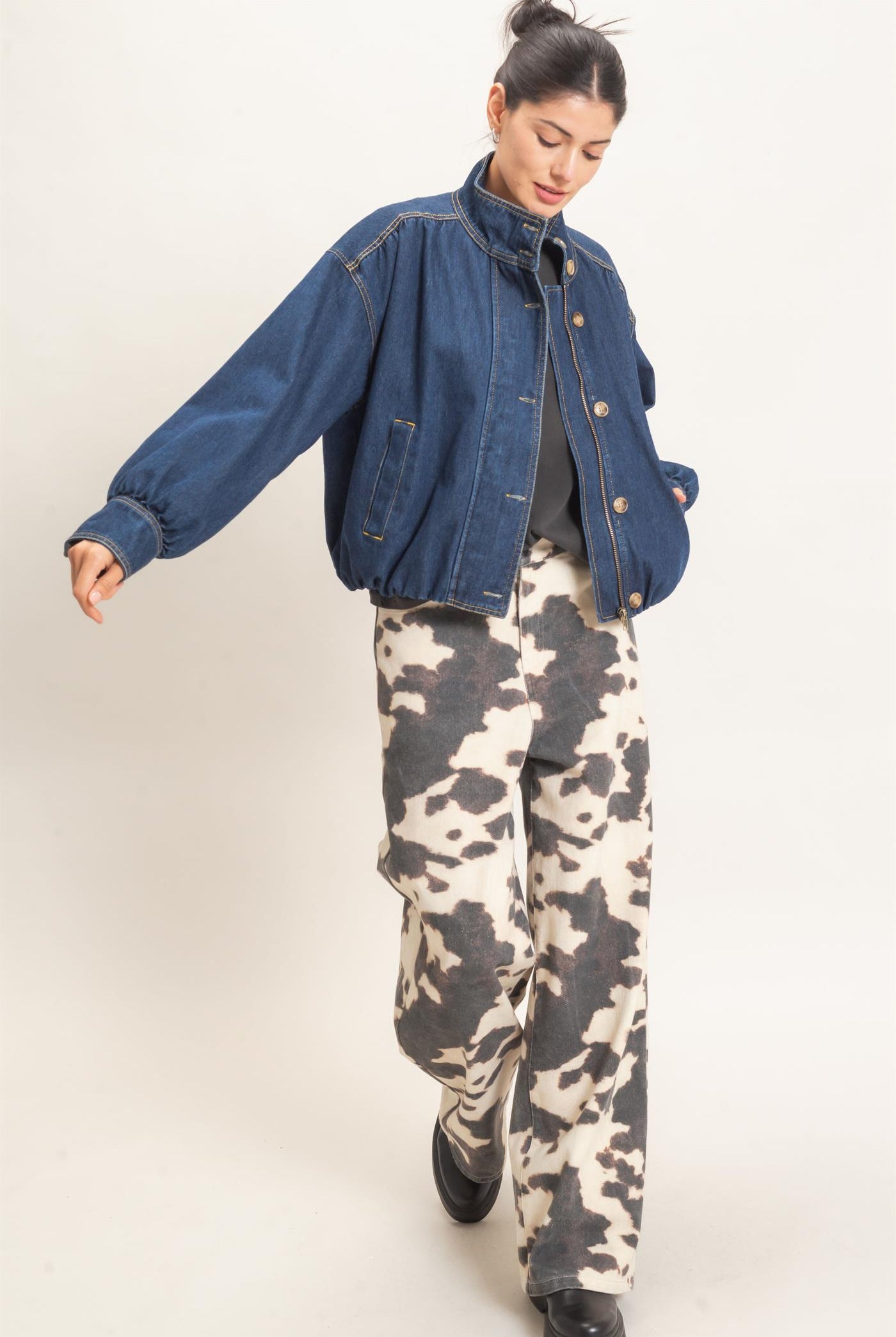 Wholesale High Collar Denim Bomber Jacket Coats & Jackets HF26E090-D DARK DENIM HYFVE