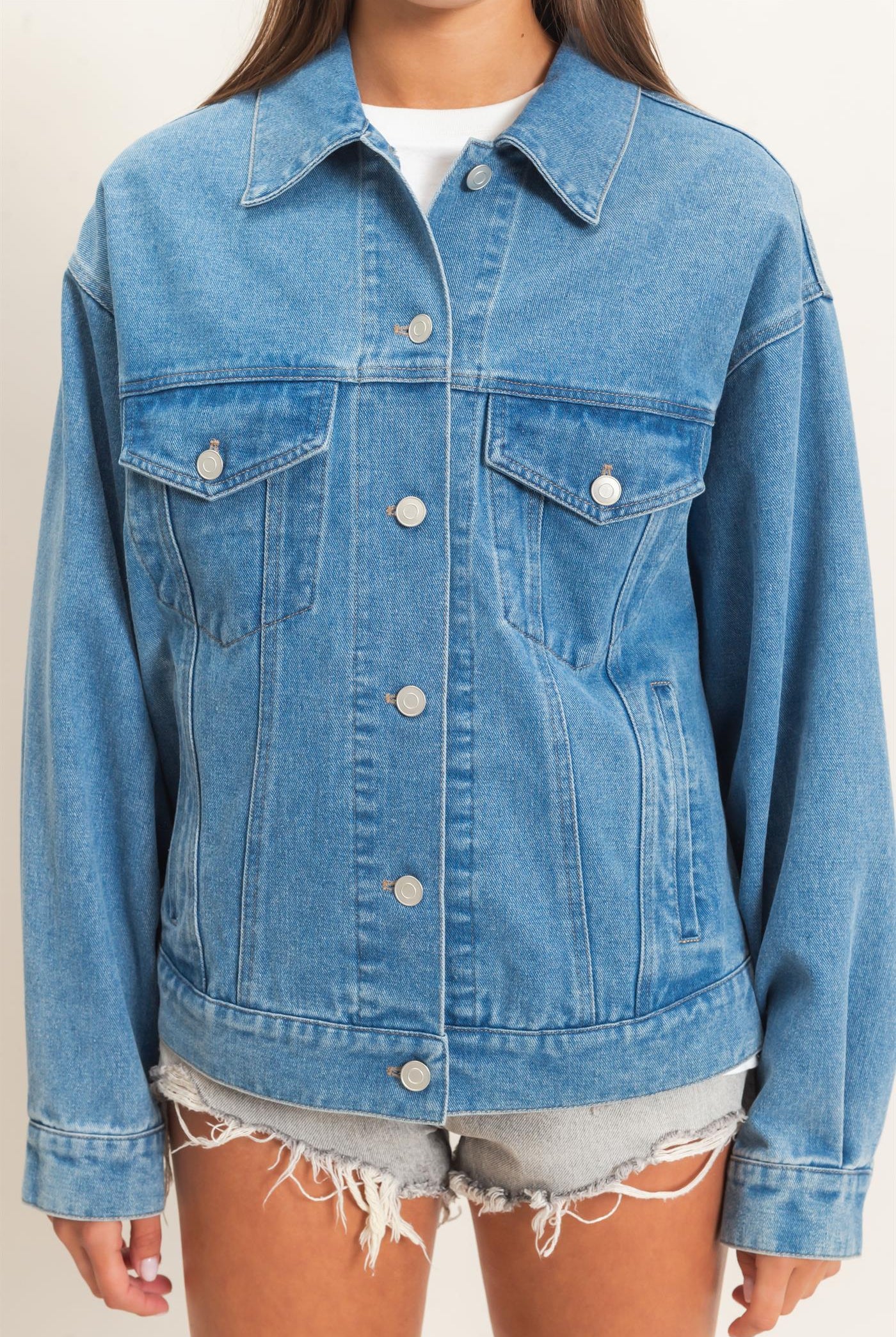 Wholesale Oversized Denim Trucker Jacket Coats & Jackets DZ26E804 MEDIUM BLUE DOUBLE ZERO