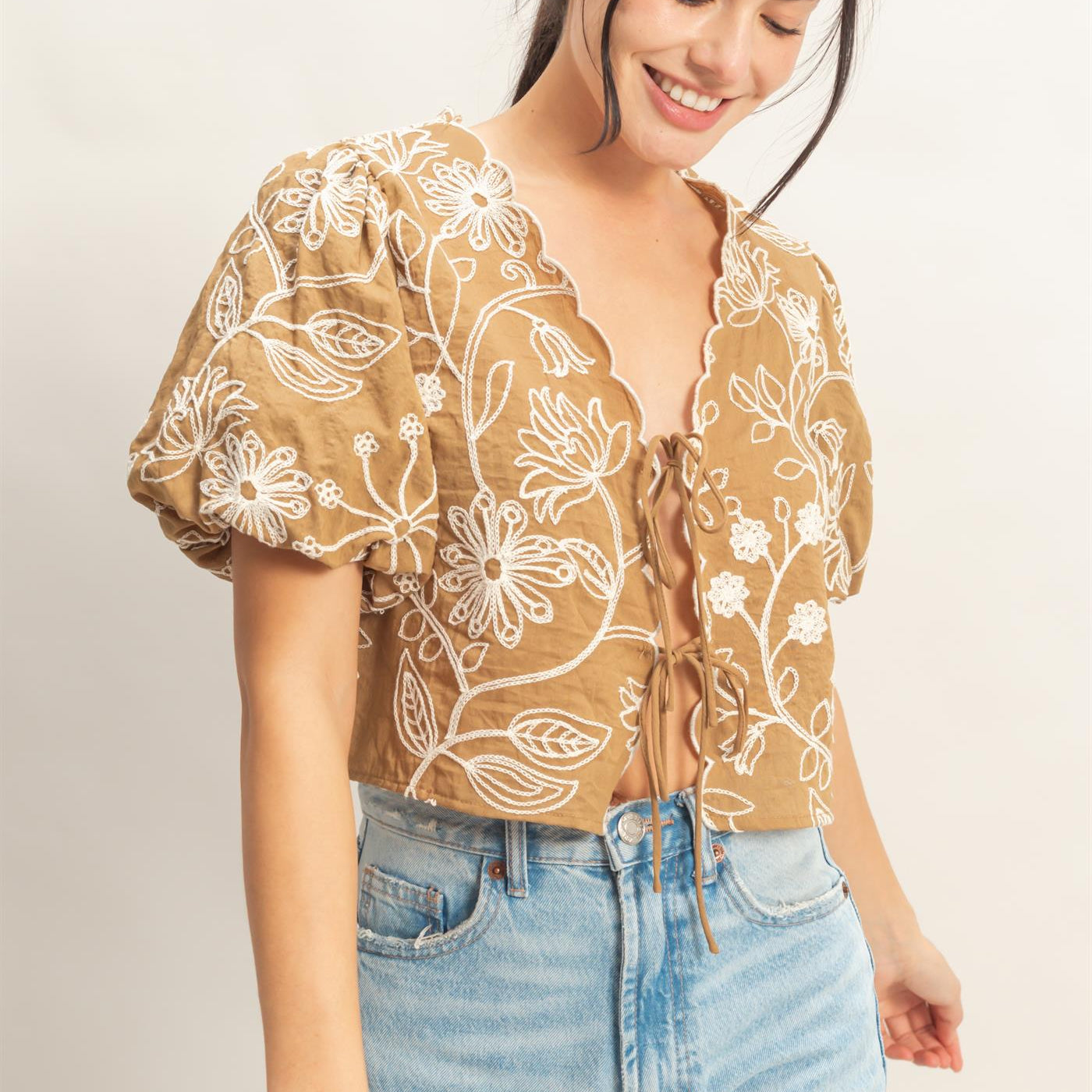 Wholesale Floral Embroidered Tie-Front Top Blouses HF26C556-D LIGHT BROWN HYFVE