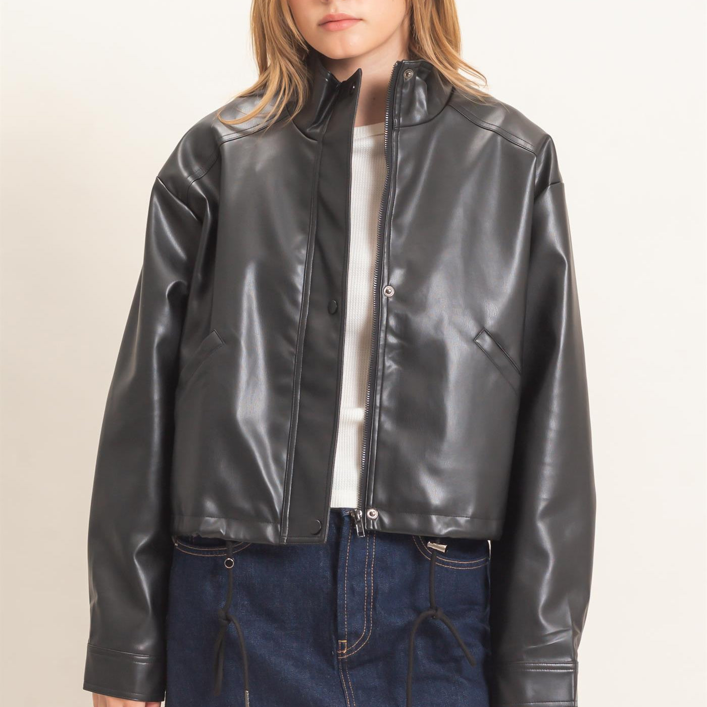 Wholesale Faux Leather Jacket With Stand Collar Bomber Jackets HF25F452 BLACK HYFVE