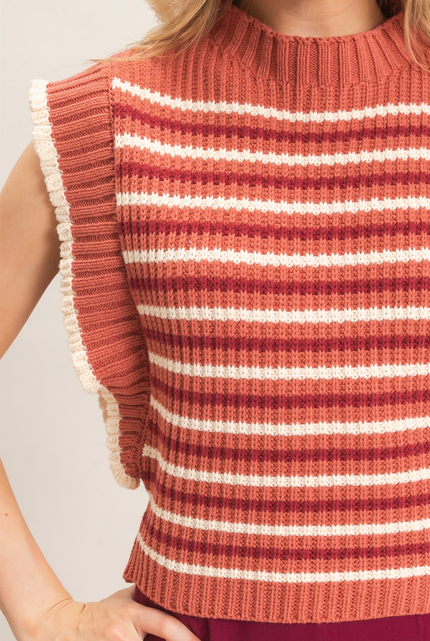 Wholesale Ribbed Ruffle Sleeve Sweater Sweaters HF26F182 RUST HYFVE
